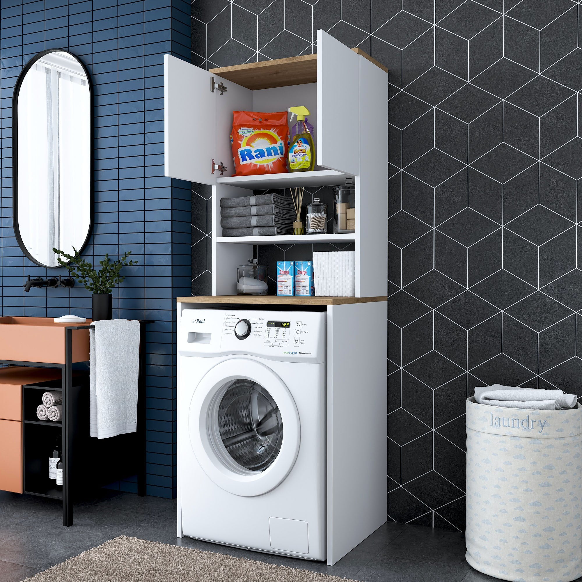 Armário moderno para máquina de lavar, branco e nogueira, 65 x 183,6 x 60 cm | 100% revestido em melamina, 18 mm de espessura | Solução de armazenamento elegante e fixável na parede