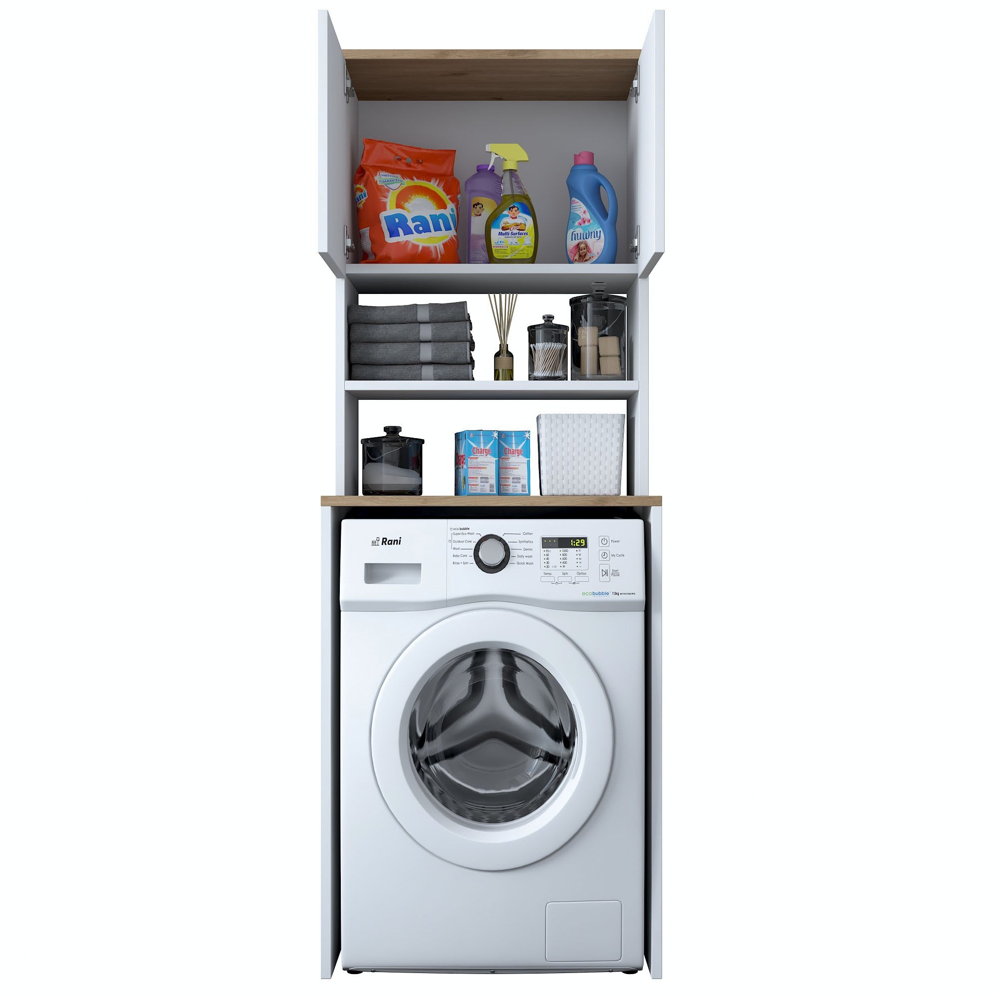 Armário moderno para máquina de lavar, branco e nogueira, 65 x 183,6 x 60 cm | 100% revestido em melamina, 18 mm de espessura | Solução de armazenamento elegante e fixável na parede