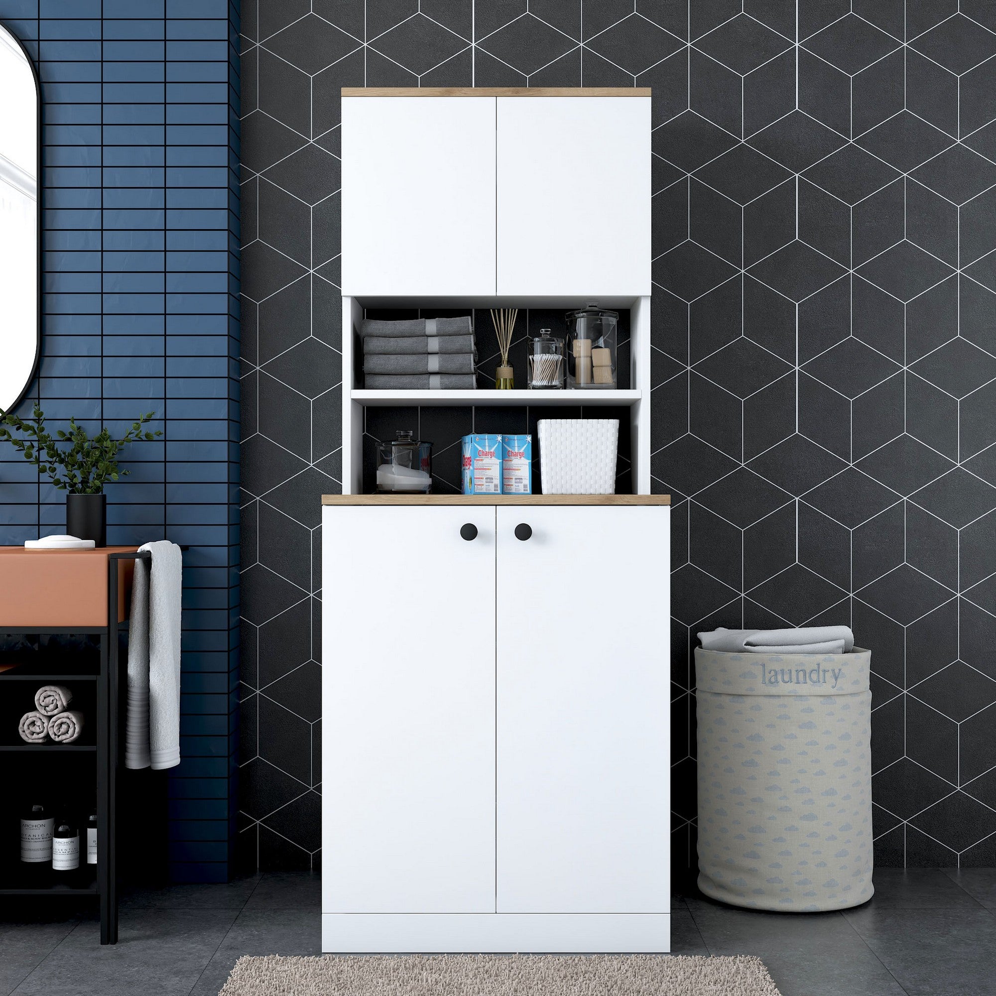 Armário moderno para máquina de lavar, branco e nogueira, 70 cm x 183,6 cm x 72,5 cm | 100% revestido em melamina, 18 mm de espessura | Montável na parede, com várias prateleiras, solução de armazenamento elegante