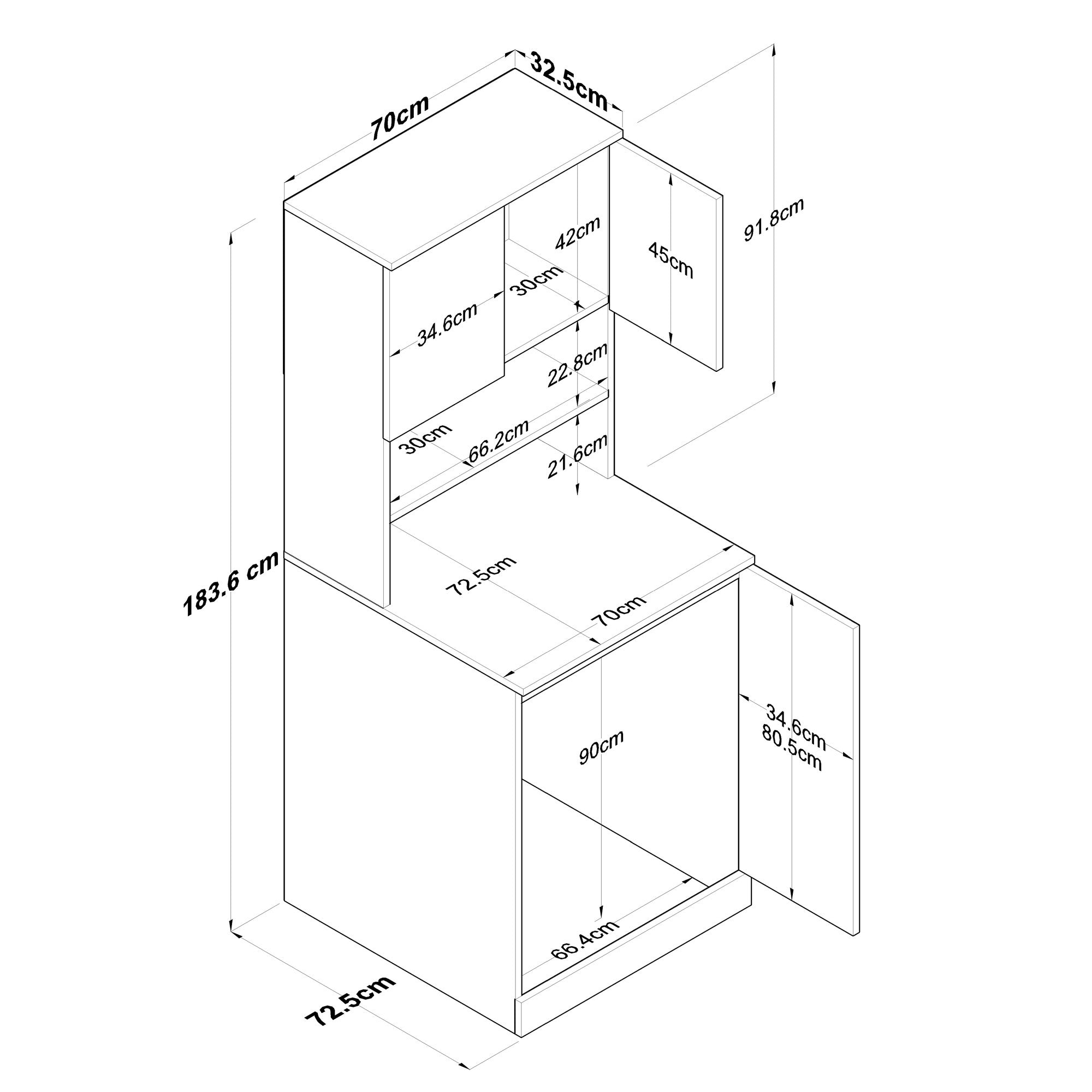Armário moderno para máquina de lavar, branco e nogueira, 70 cm x 183,6 cm x 72,5 cm | 100% revestido em melamina, 18 mm de espessura | Montável na parede, com várias prateleiras, solução de armazenamento elegante