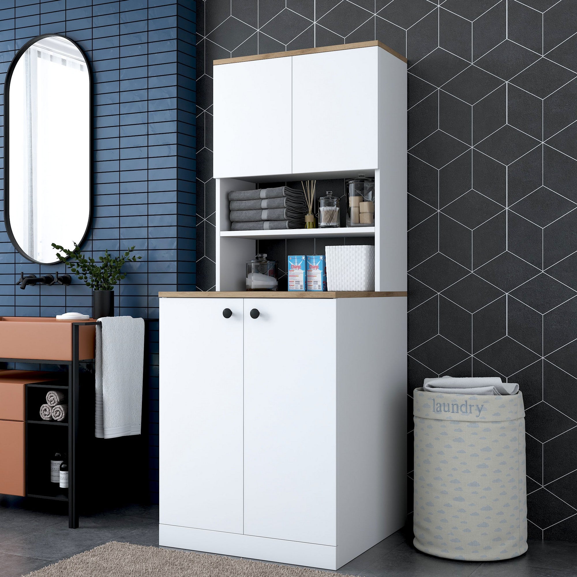 Armário moderno para máquina de lavar, branco e nogueira, 70 cm x 183,6 cm x 72,5 cm | 100% revestido em melamina, 18 mm de espessura | Montável na parede, com várias prateleiras, solução de armazenamento elegante