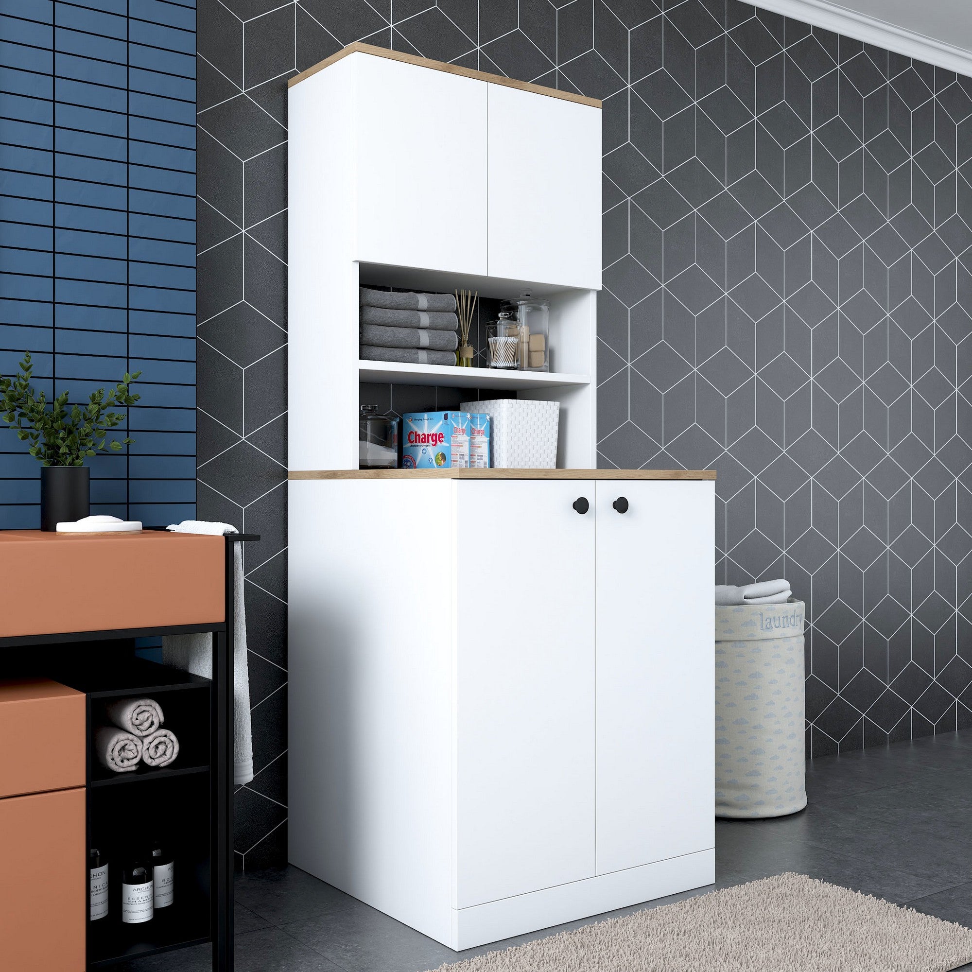 Armário moderno para máquina de lavar, branco e nogueira, 70 cm x 183,6 cm x 72,5 cm | 100% revestido em melamina, 18 mm de espessura | Montável na parede, com várias prateleiras, solução de armazenamento elegante