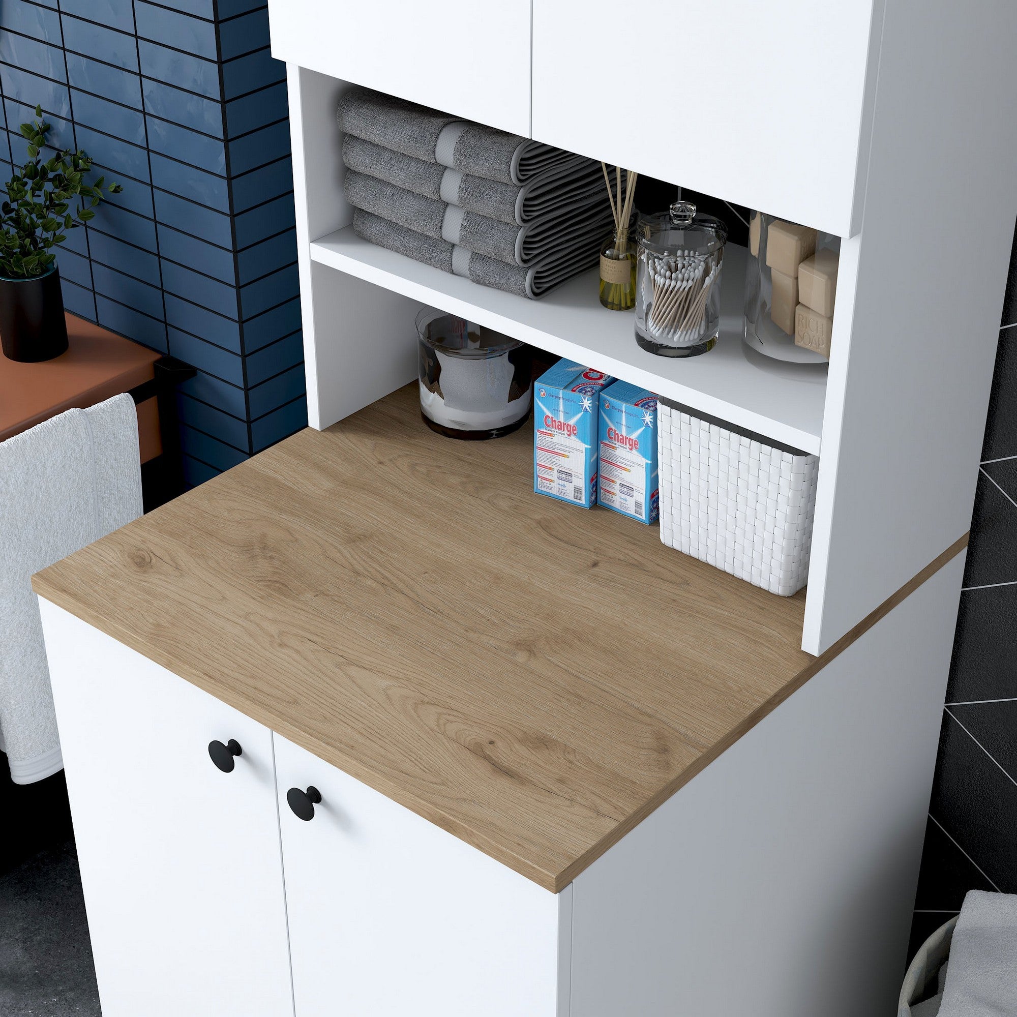 Armário moderno para máquina de lavar, branco e nogueira, 70 cm x 183,6 cm x 72,5 cm | 100% revestido em melamina, 18 mm de espessura | Montável na parede, com várias prateleiras, solução de armazenamento elegante