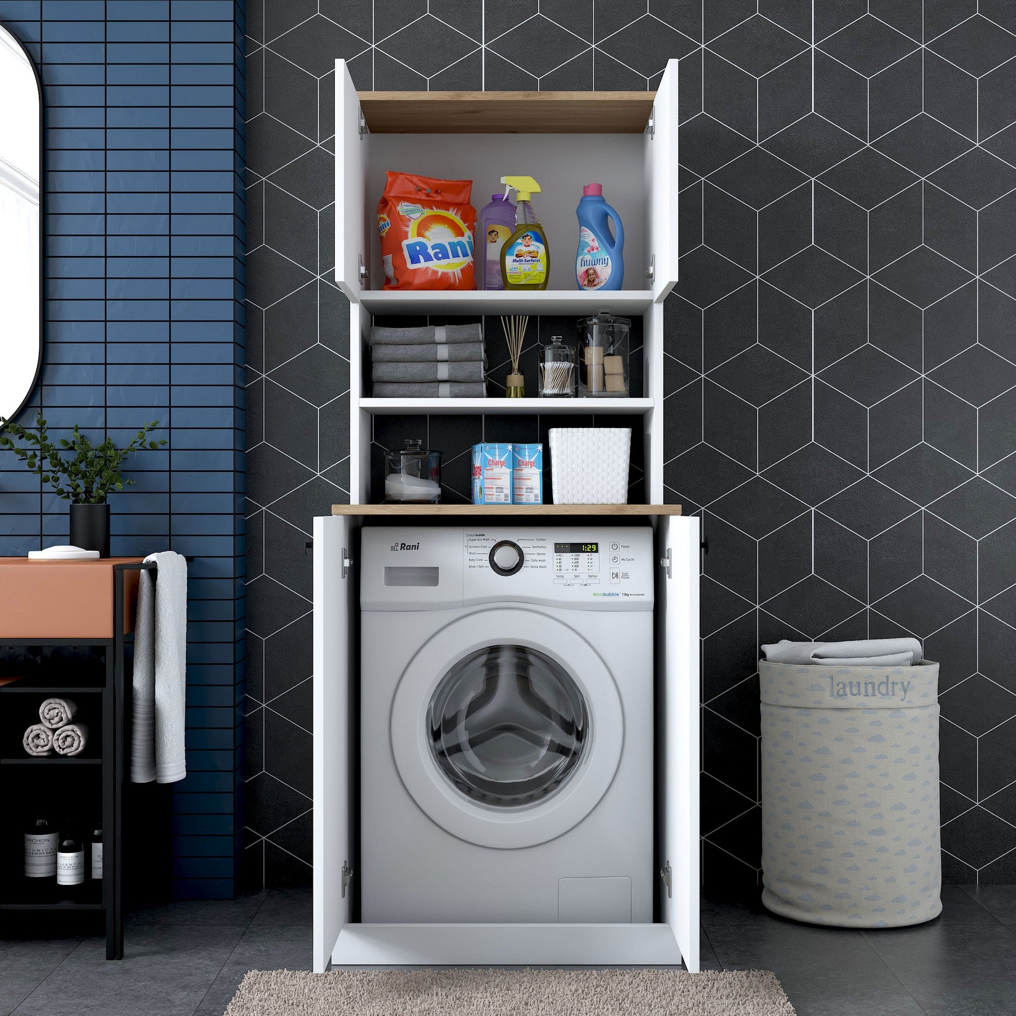 Armário moderno para máquina de lavar, branco e nogueira, 70 cm x 183,6 cm x 72,5 cm | 100% revestido em melamina, 18 mm de espessura | Montável na parede, com várias prateleiras, solução de armazenamento elegante