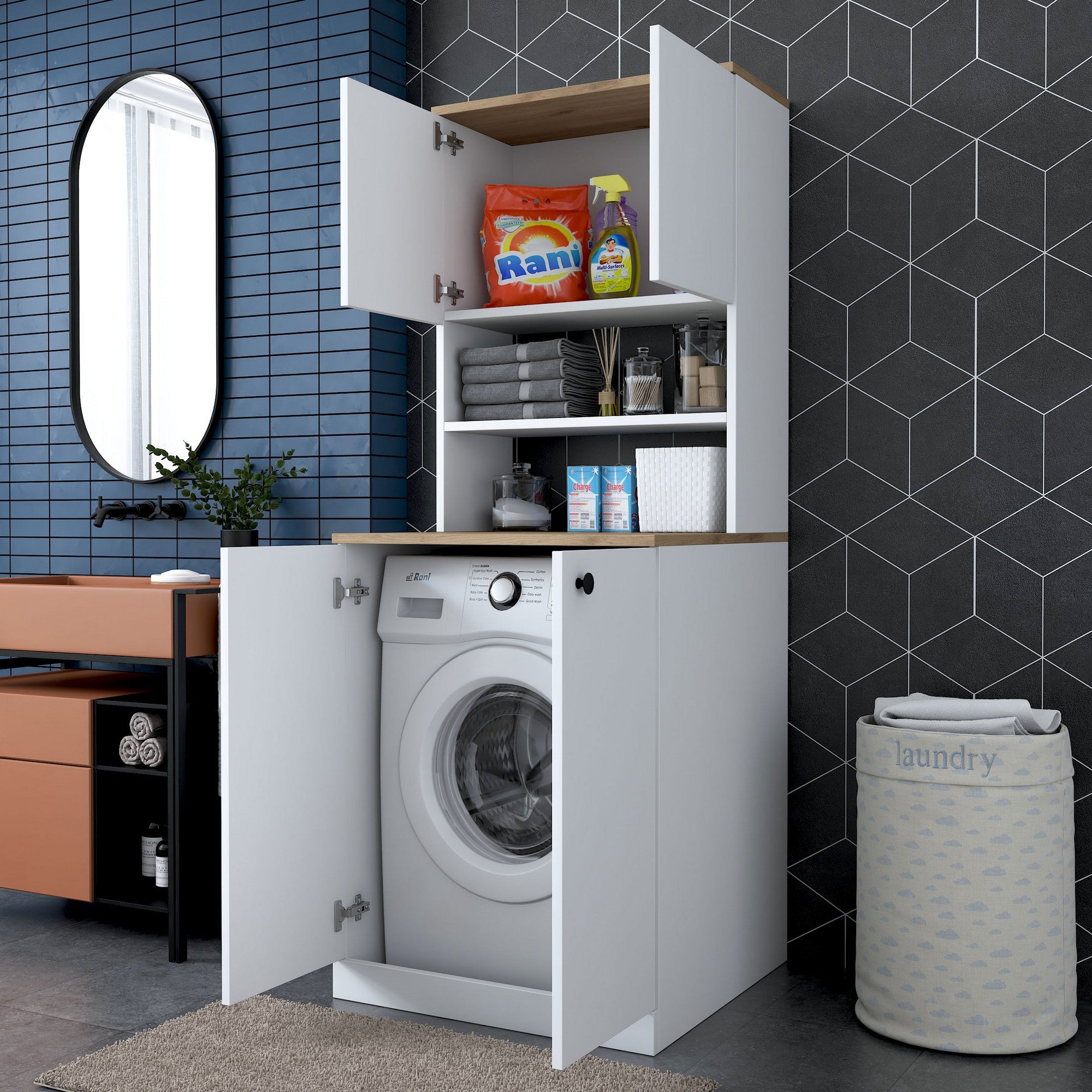 Armário moderno para máquina de lavar, branco e nogueira, 70 cm x 183,6 cm x 72,5 cm | 100% revestido em melamina, 18 mm de espessura | Montável na parede, com várias prateleiras, solução de armazenamento elegante