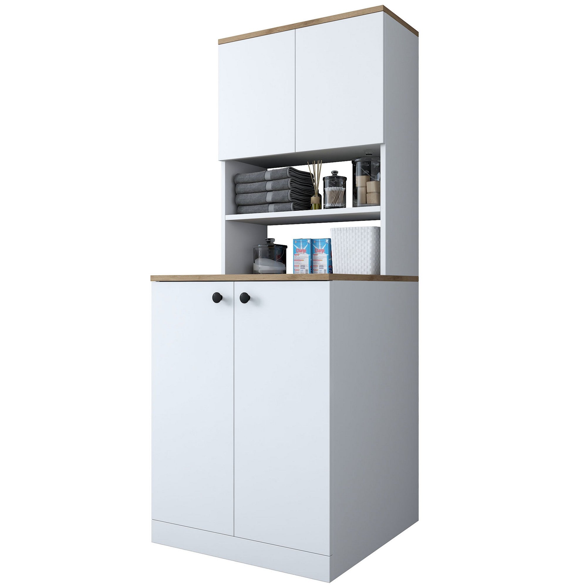 Armário moderno para máquina de lavar, branco e nogueira, 70 cm x 183,6 cm x 72,5 cm | 100% revestido em melamina, 18 mm de espessura | Montável na parede, com várias prateleiras, solução de armazenamento elegante