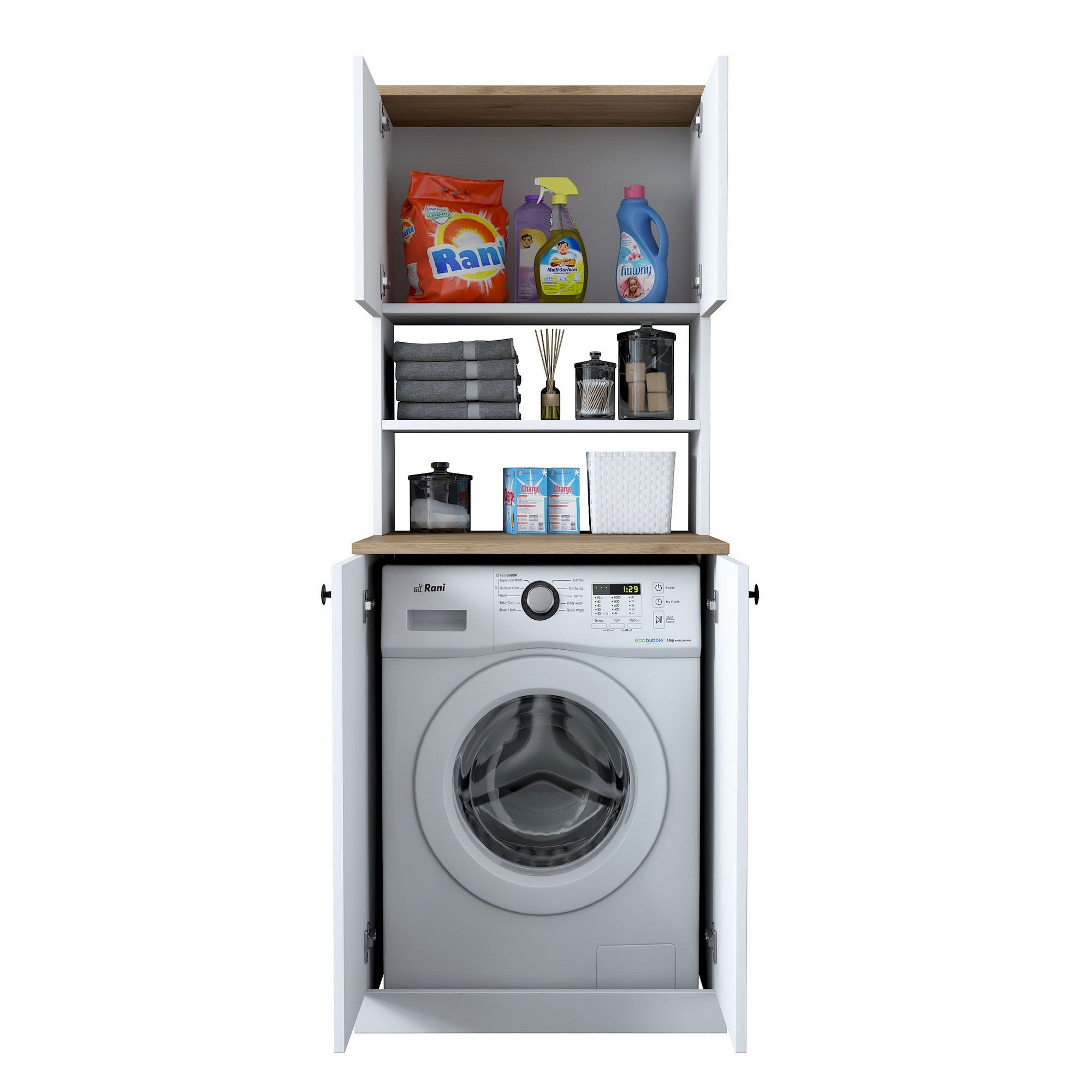 Armário moderno para máquina de lavar, branco e nogueira, 70 cm x 183,6 cm x 72,5 cm | 100% revestido em melamina, 18 mm de espessura | Montável na parede, com várias prateleiras, solução de armazenamento elegante