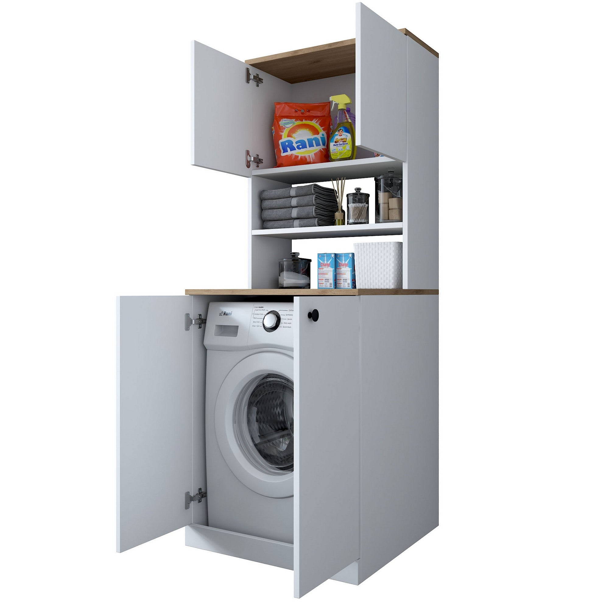 Armário moderno para máquina de lavar, branco e nogueira, 70 cm x 183,6 cm x 72,5 cm | 100% revestido em melamina, 18 mm de espessura | Montável na parede, com várias prateleiras, solução de armazenamento elegante