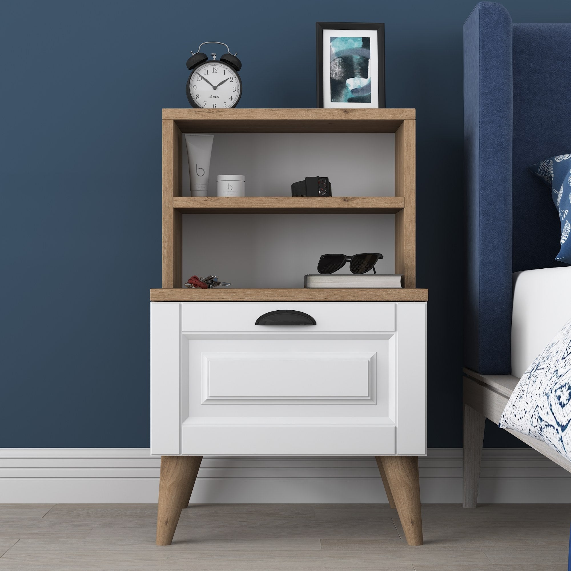 Mesa de Cabeceira Moderna com 1 Gaveta, Nogueira e Branco, 45 x 74,4 x 40 cm | Painel de Partículas 100% Revestido com Melamina, 18 mm de Espessura | Design Escandinavo Elegante para Casa e Hotel