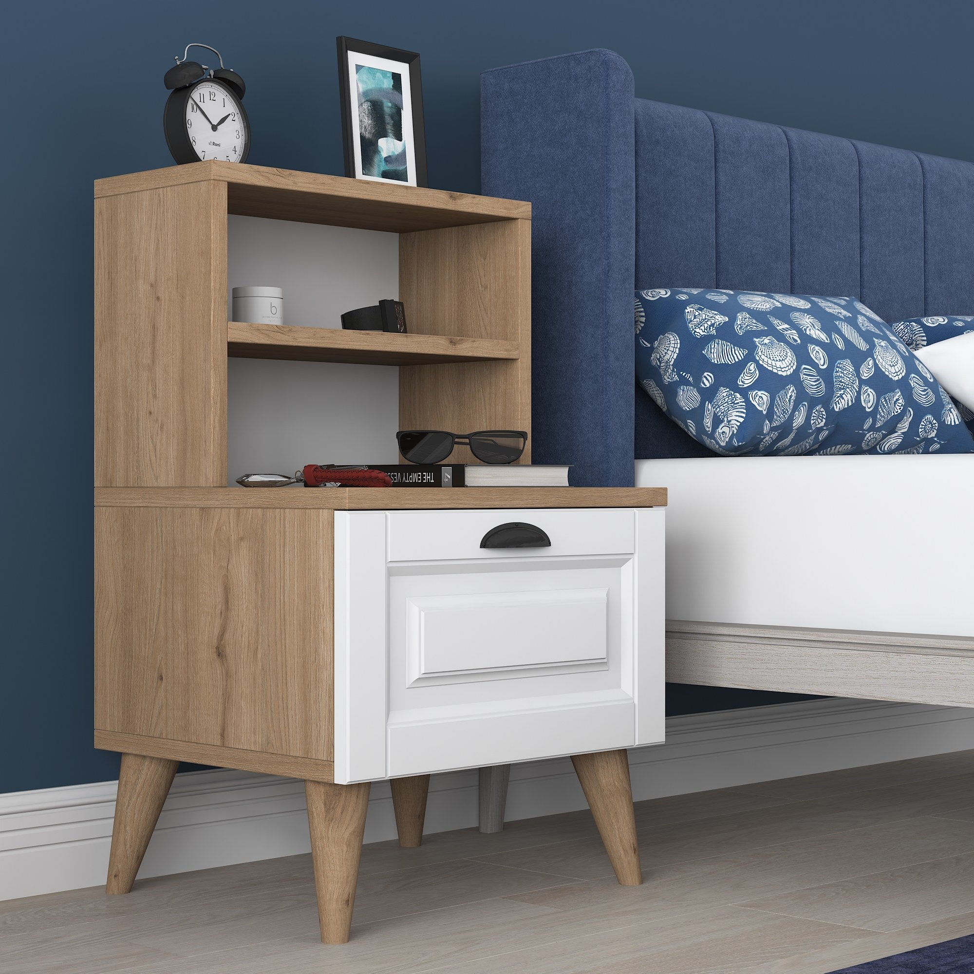 Mesa de Cabeceira Moderna com 1 Gaveta, Nogueira e Branco, 45 x 74,4 x 40 cm | Painel de Partículas 100% Revestido com Melamina, 18 mm de Espessura | Design Escandinavo Elegante para Casa e Hotel