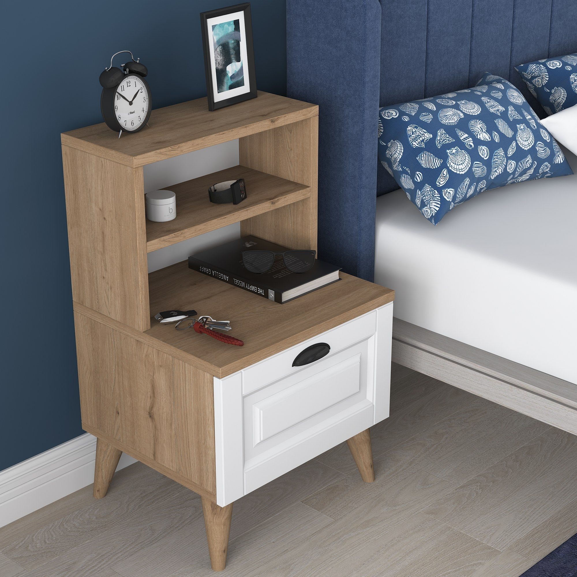 Mesa de Cabeceira Moderna com 1 Gaveta, Nogueira e Branco, 45 x 74,4 x 40 cm | Painel de Partículas 100% Revestido com Melamina, 18 mm de Espessura | Design Escandinavo Elegante para Casa e Hotel