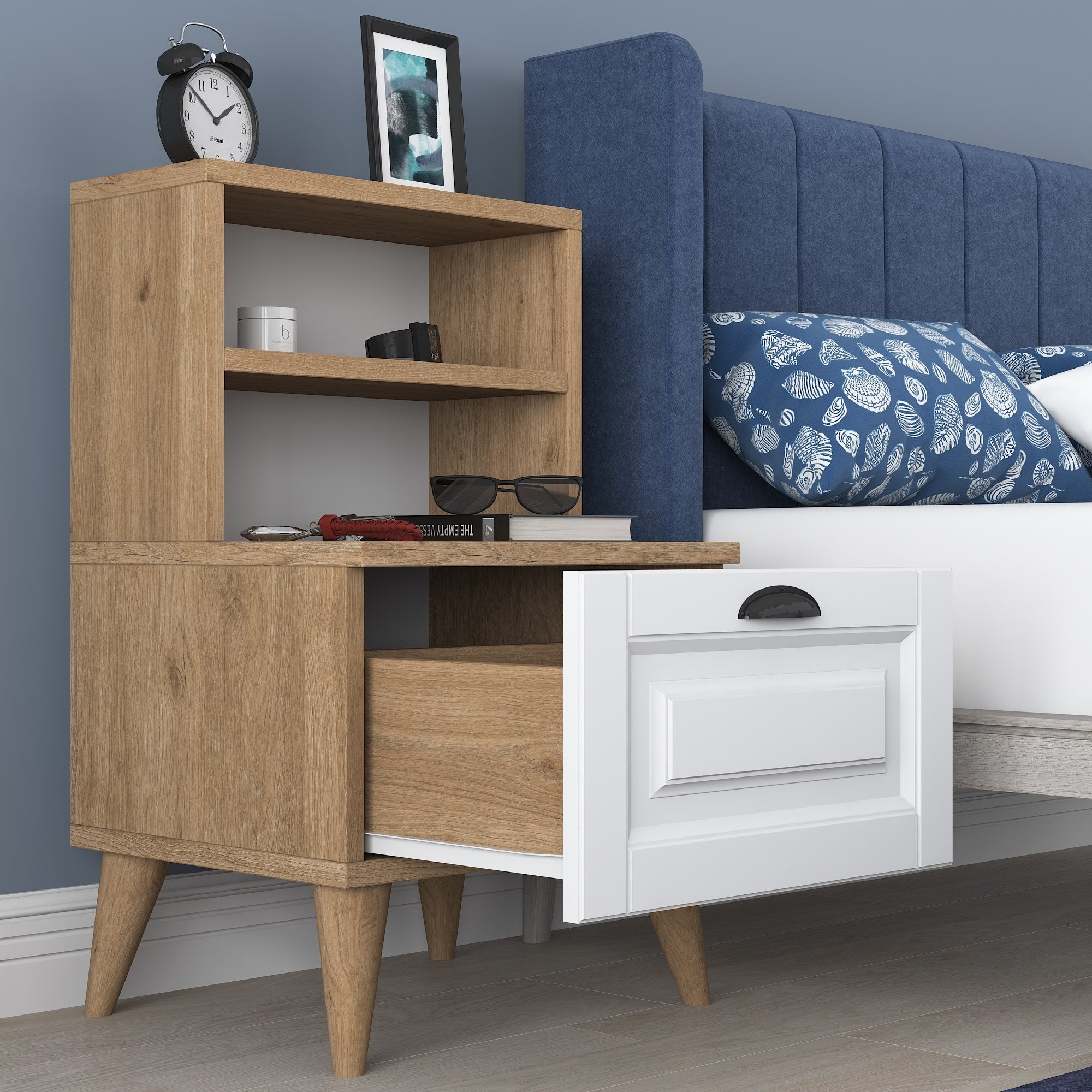 Mesa de Cabeceira Moderna com 1 Gaveta, Nogueira e Branco, 45 x 74,4 x 40 cm | Painel de Partículas 100% Revestido com Melamina, 18 mm de Espessura | Design Escandinavo Elegante para Casa e Hotel