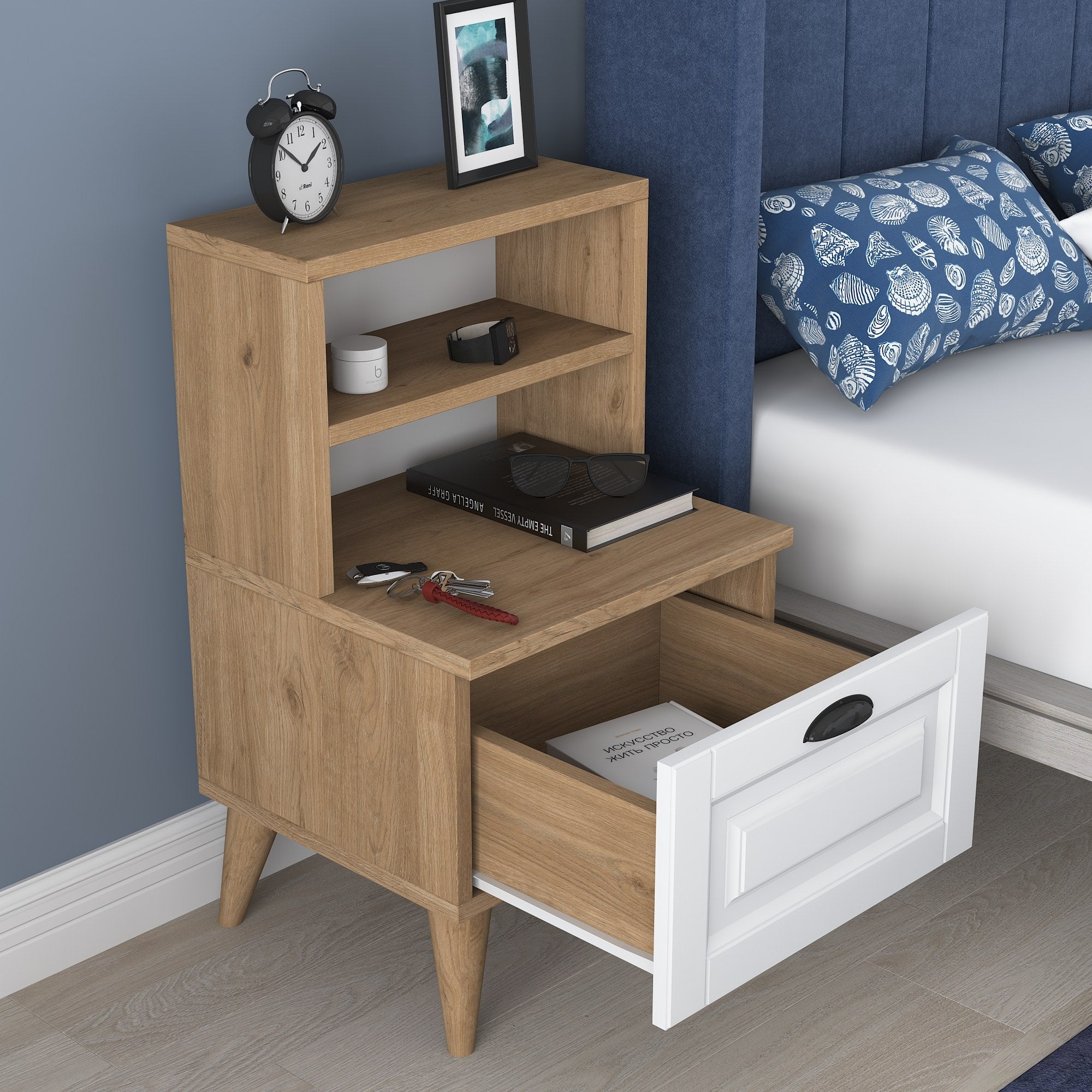 Mesa de Cabeceira Moderna com 1 Gaveta, Nogueira e Branco, 45 x 74,4 x 40 cm | Painel de Partículas 100% Revestido com Melamina, 18 mm de Espessura | Design Escandinavo Elegante para Casa e Hotel