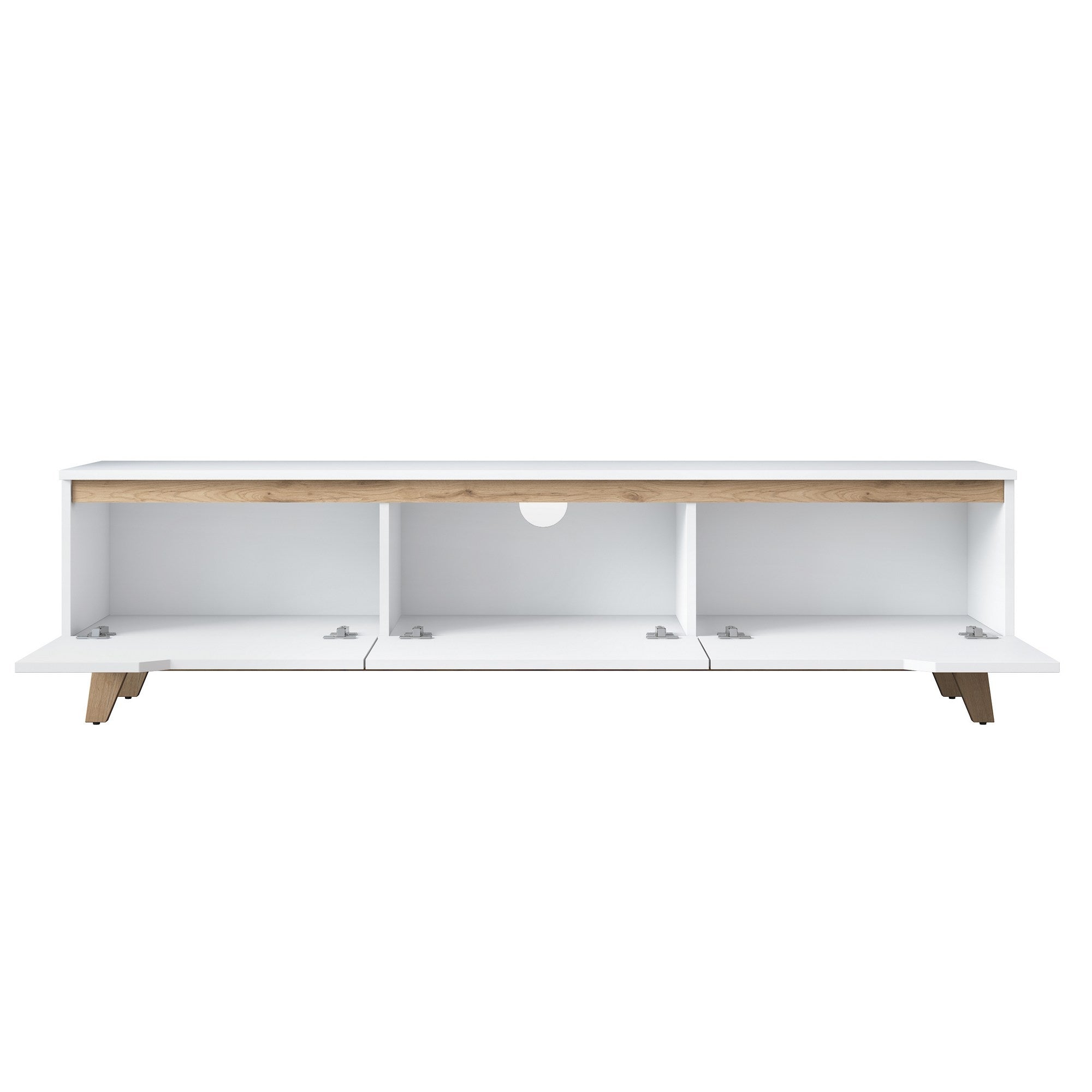 Móvel de TV elegante com opção de montagem na parede, branco e nogueira, 180 cm x 48,6 cm x 35 cm | 100% revestido em melamina, 18 mm de espessura | Amplo espaço de armazenamento e prateleiras
