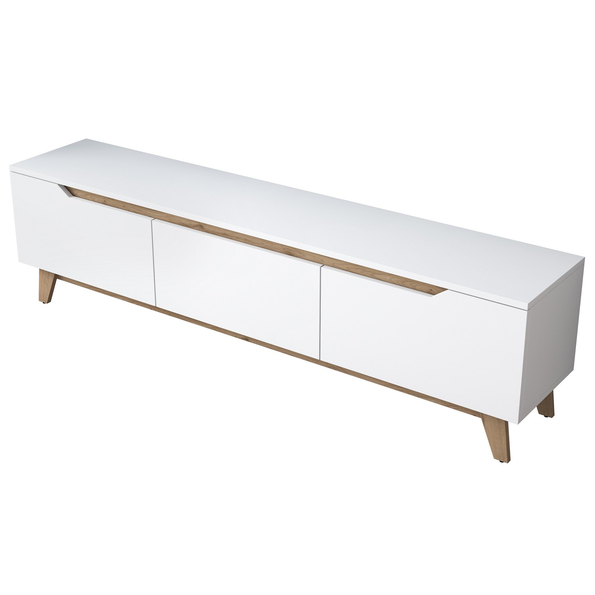 Móvel de TV elegante com opção de montagem na parede, branco e nogueira, 180 cm x 48,6 cm x 35 cm | 100% revestido em melamina, 18 mm de espessura | Amplo espaço de armazenamento e prateleiras