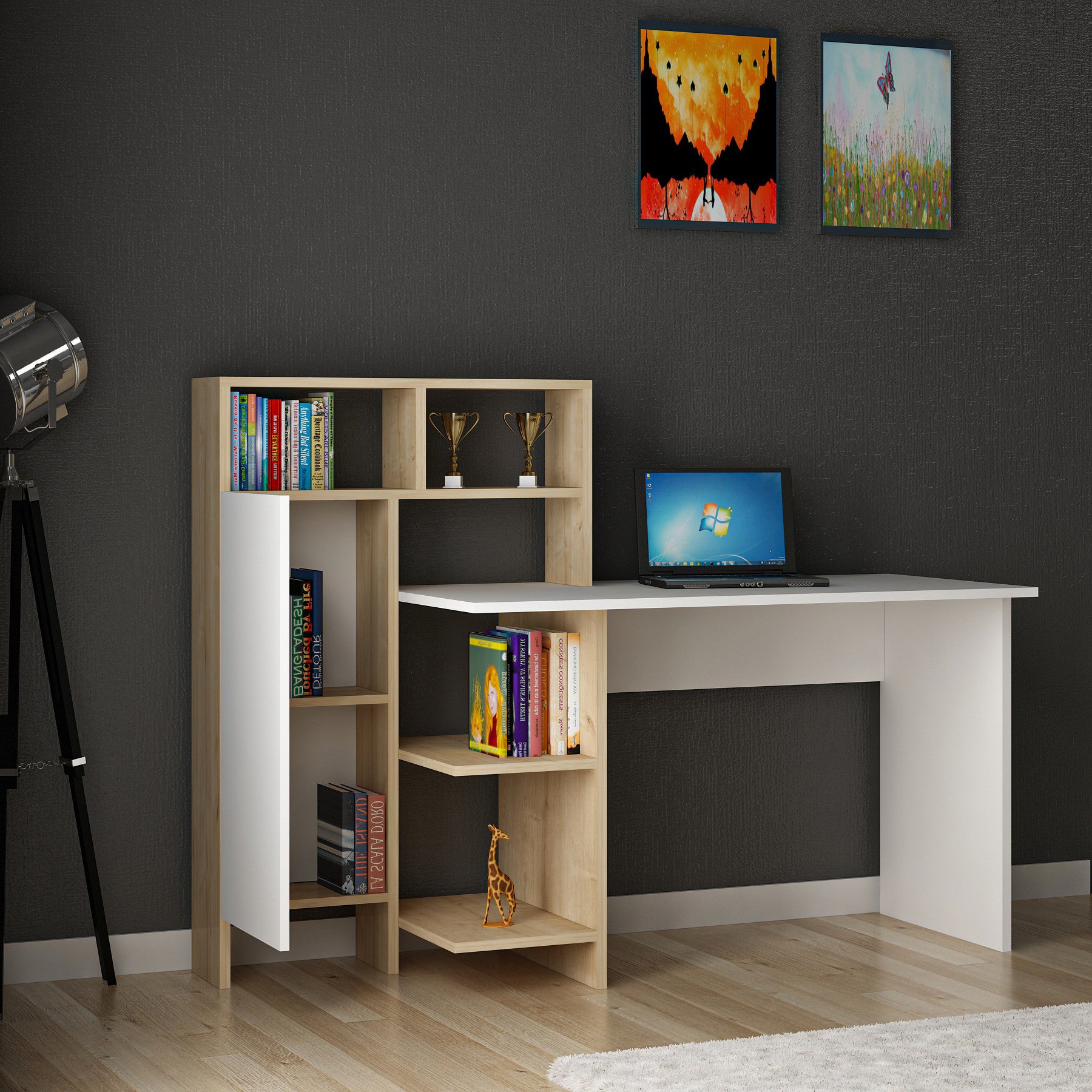 Secretária Moderna com Prateleira Superior – 70,5 x 60 x 73,8 cm – Branco e Carvalho – Painéis de partículas revestidos a melamina