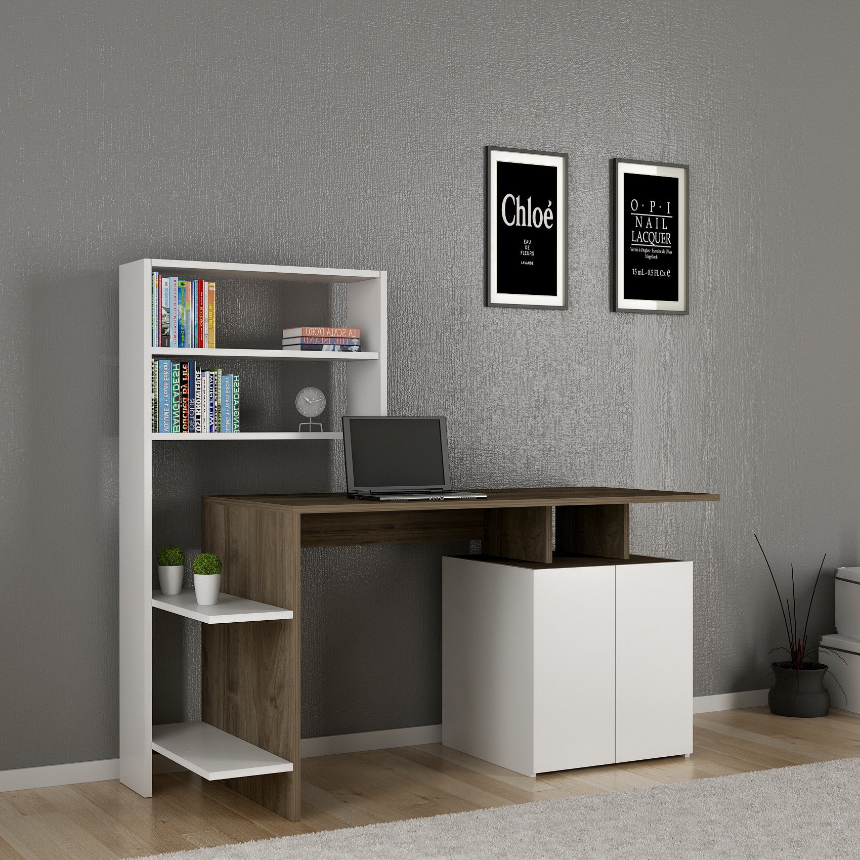 Secretária Elegante com Estante – 146,3 x 60 x 73,8 cm – Nogueira e Branco – Painel de Partículas Revestido a Melamina