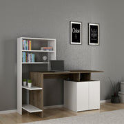 Secretária Elegante com Estante – 146,3 x 60 x 73,8 cm – Nogueira e Branco – Painel de Partículas Revestido a Melamina