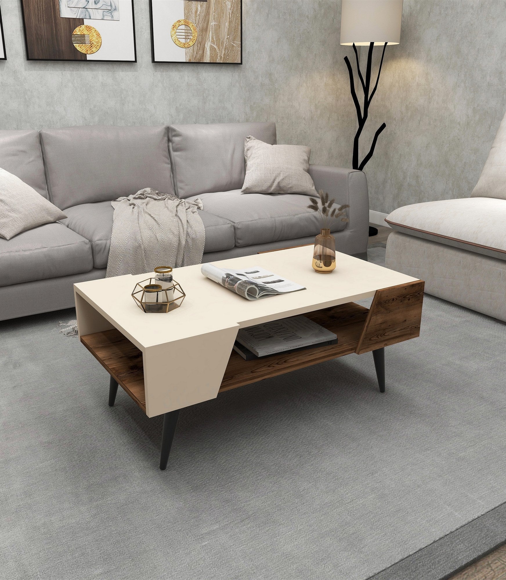 Mesa de Centro Elegante, Bege e Nogueira Clara, 90 x 53,6 x 38 cm | Painel de Partículas 100% Revestido em Melamina, 18 mm de Espessura | Uma Adição Elegante para Qualquer Sala de Estar