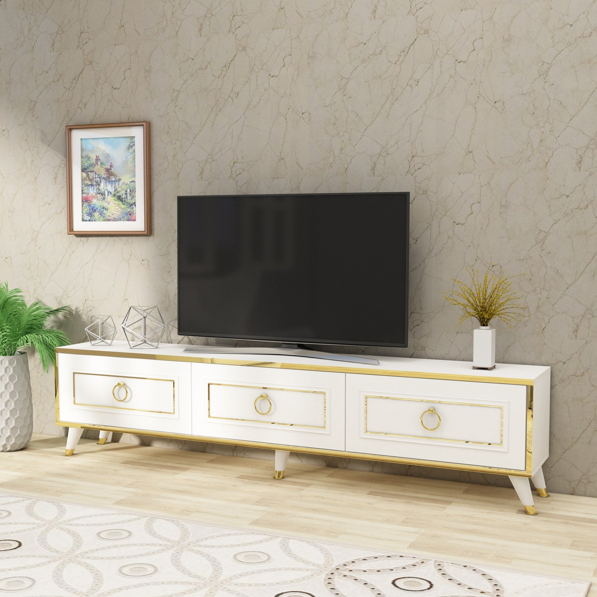 Móvel de TV – 180 x 29,5 x 45 cm – Branco e dourado – Painel de partículas revestido de melamina