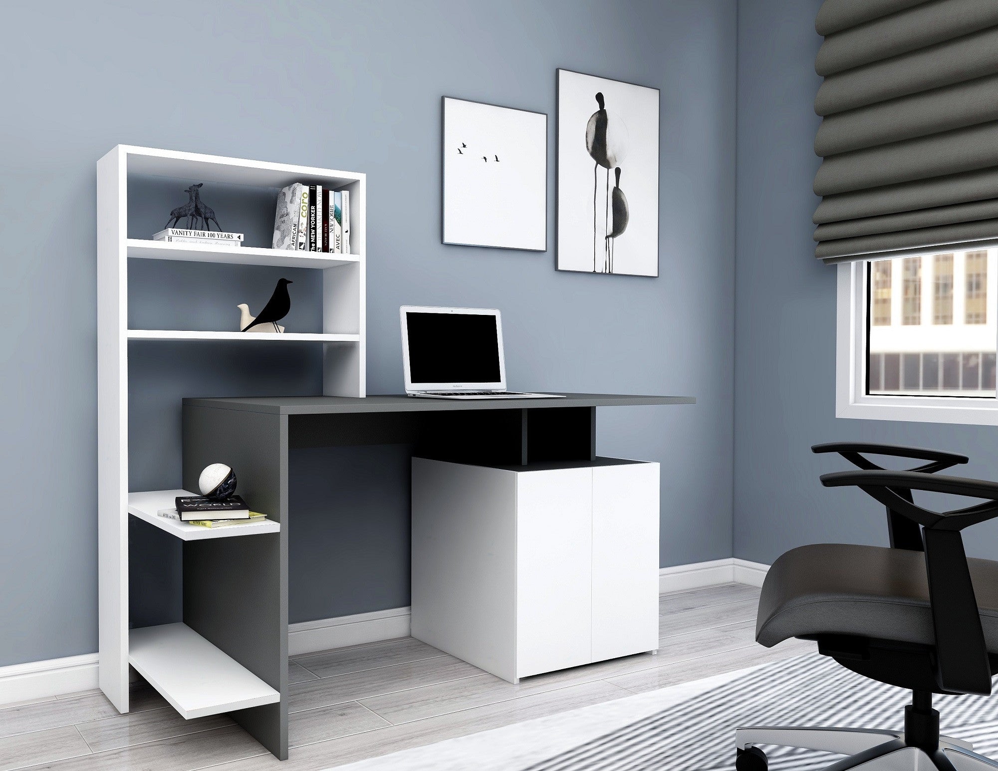 Secretária Moderna com Estante – 146,3 x 60 x 73,8 cm – Branca e Antracite – Melamina