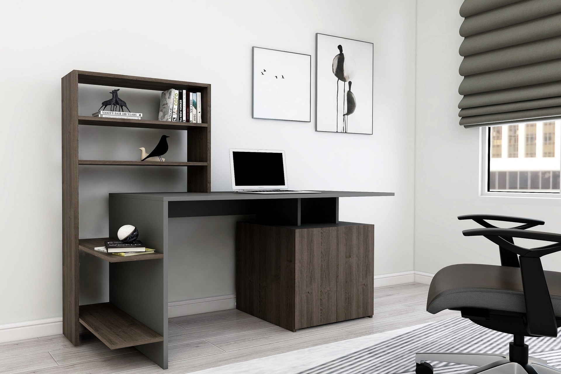Secretária moderna com estante – 146,3 x 60 x 73,8 cm – nogueira e antracite – melamina