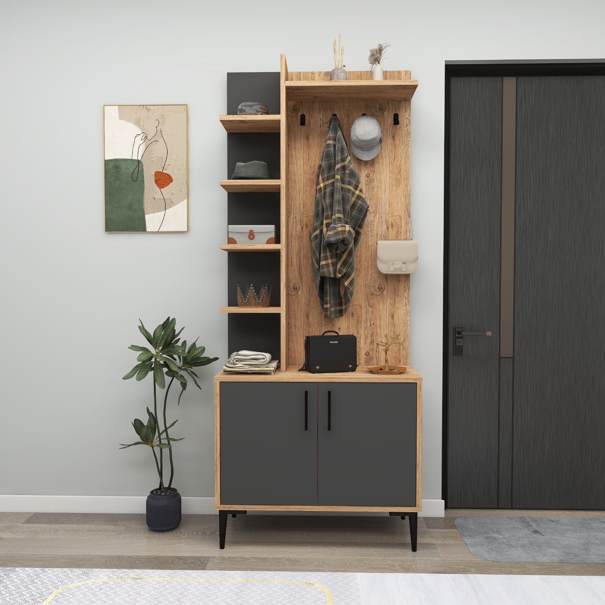 Conjunto para hall de entrada – 74,4 x 182,8 x 33 cm – Pinho Atlântico e Antracite – Melamina