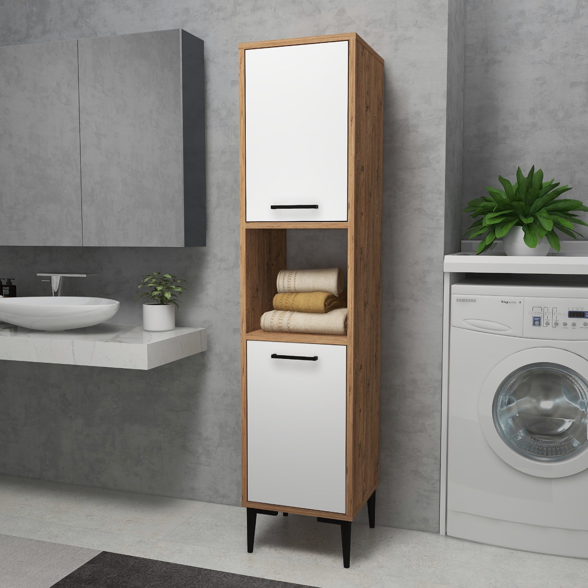 Armário multiuso - 35 cm x 153.6 cm x 35 cm - Branco e Pinho Atlântico - Painel de partículas