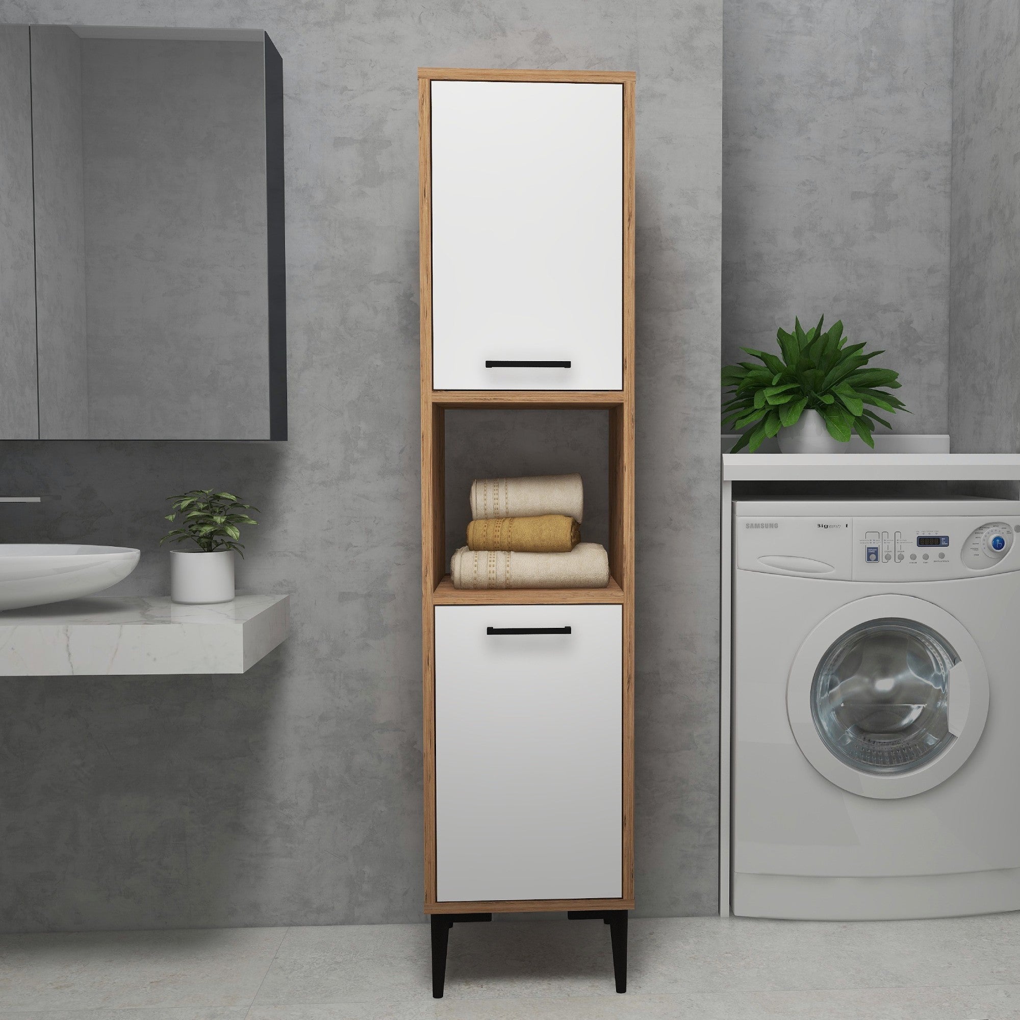 Armário multiuso - 35 cm x 153.6 cm x 35 cm - Branco e Pinho Atlântico - Painel de partículas