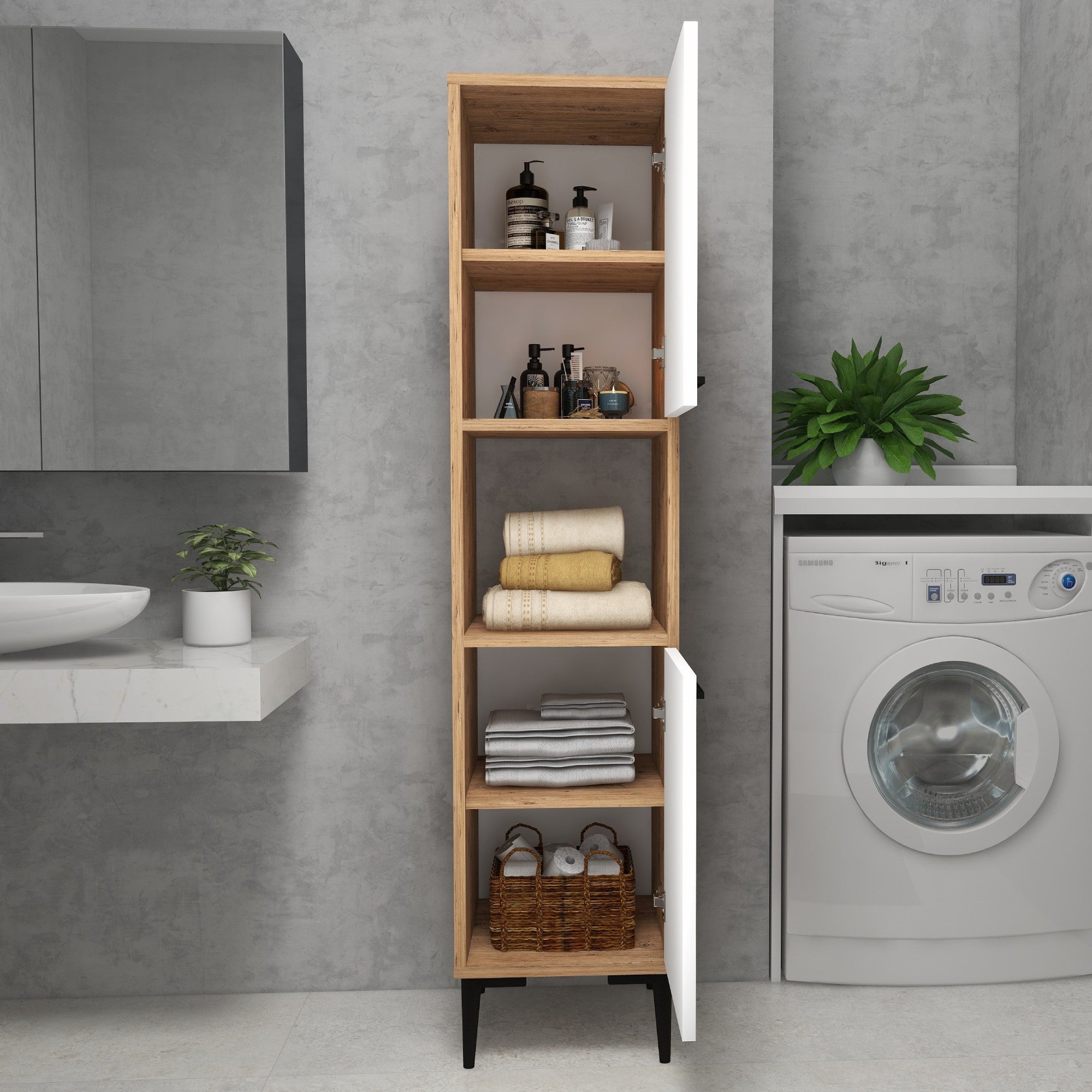 Armário multiuso - 35 cm x 153.6 cm x 35 cm - Branco e Pinho Atlântico - Painel de partículas