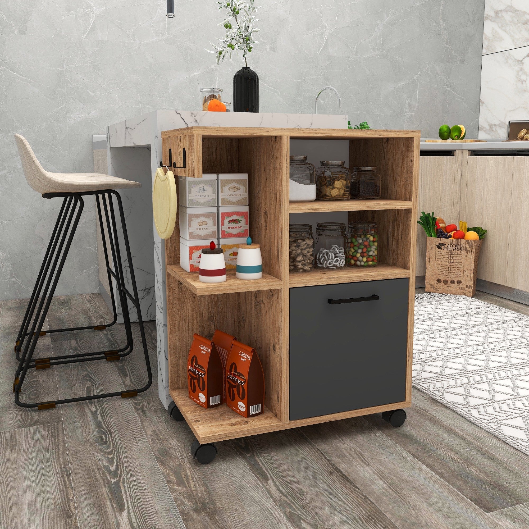 Armário multiusos – 60 cm x 80.9 cm x 35 cm – Pinho Atlântico e Antracite – Painel de partículas revestido a melamina