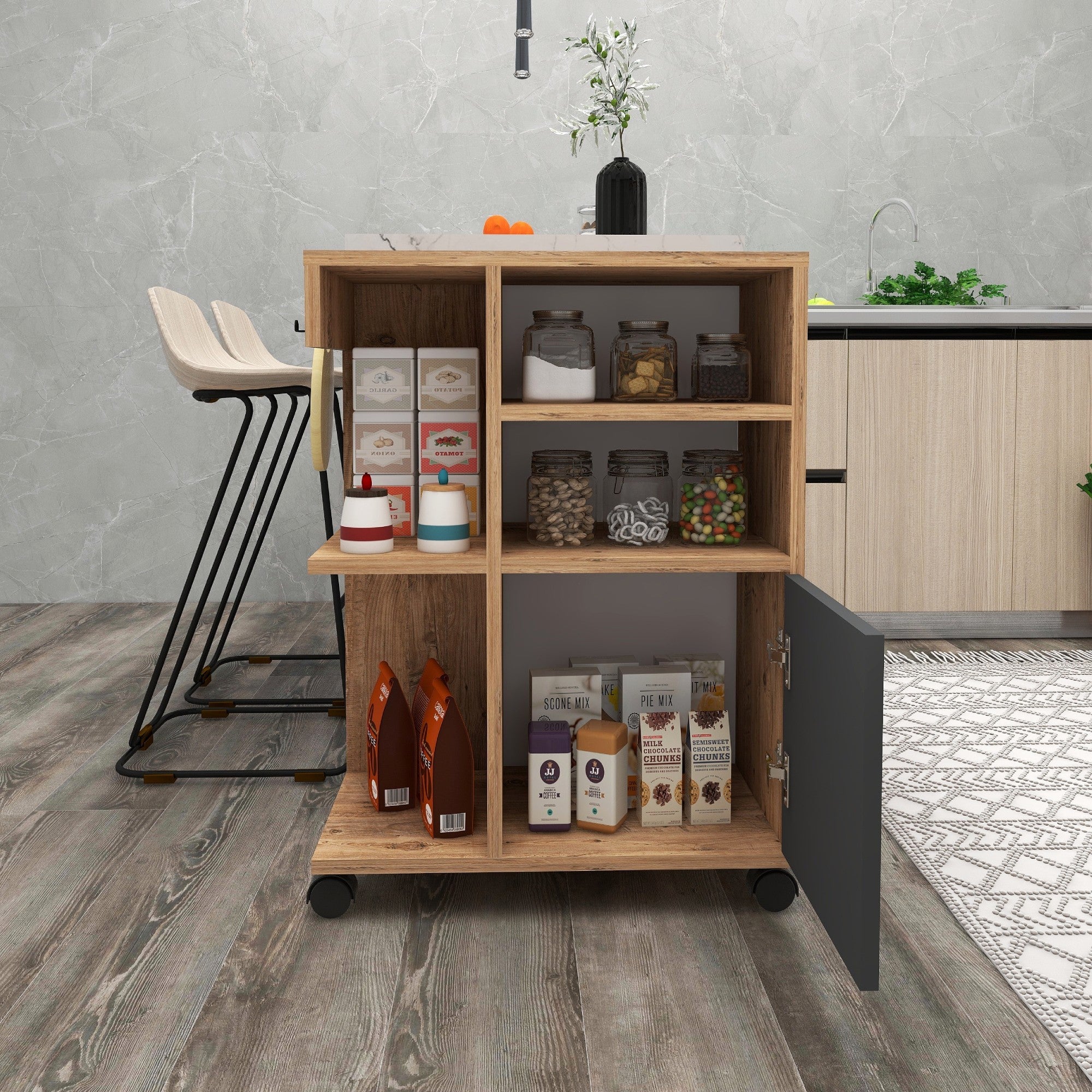 Armário multiusos – 60 cm x 80.9 cm x 35 cm – Pinho Atlântico e Antracite – Painel de partículas revestido a melamina