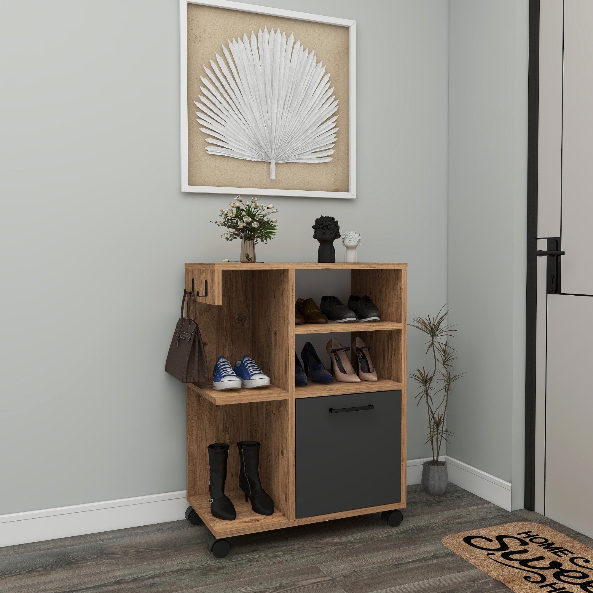 Armário multiusos – 60 cm x 80.9 cm x 35 cm – Pinho Atlântico e Antracite – Painel de partículas revestido a melamina