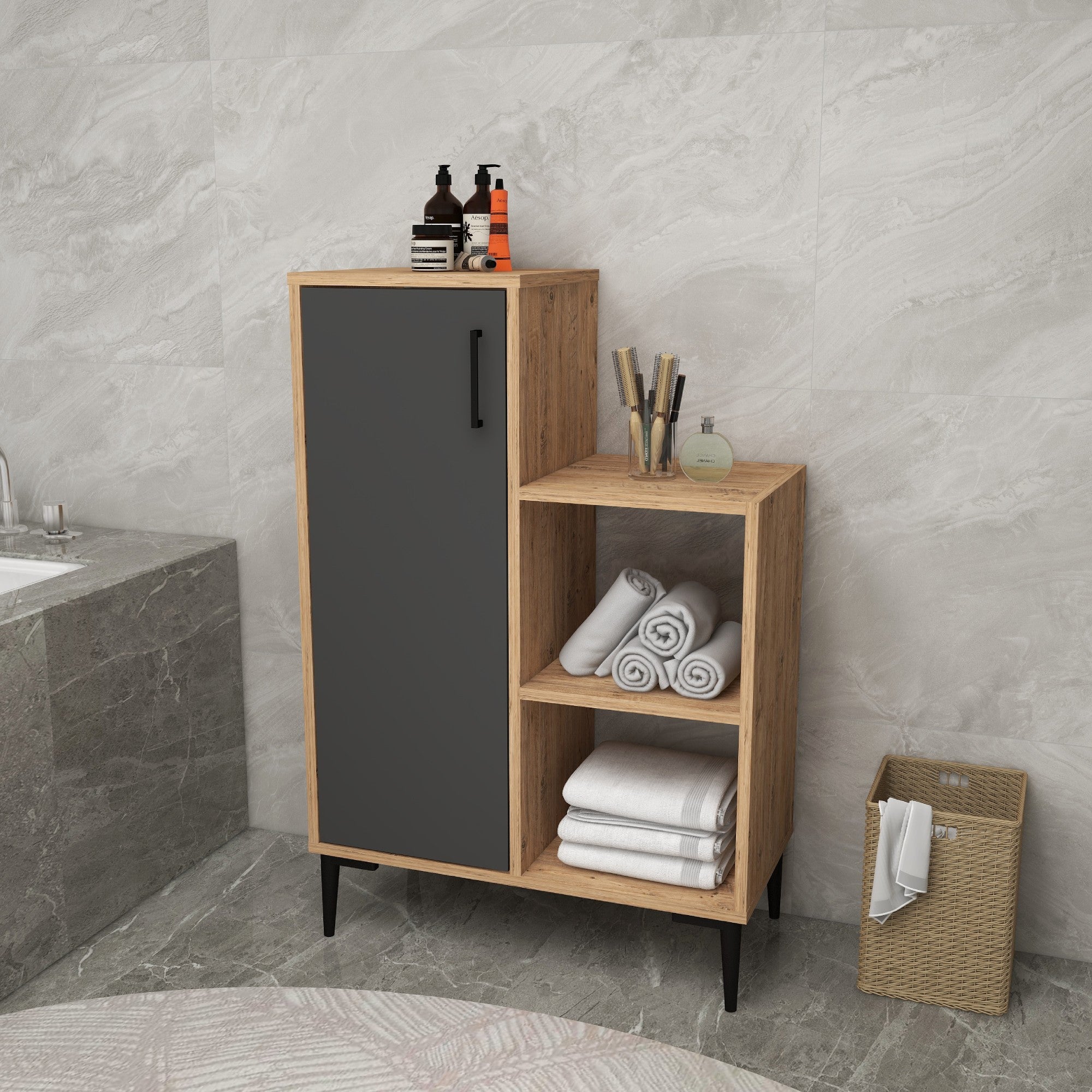 Armário multiuso – 106.8cm x 71.4cm x 35cm – Pinho Atlântico e Antracite – Painel de partículas revestido a melamina