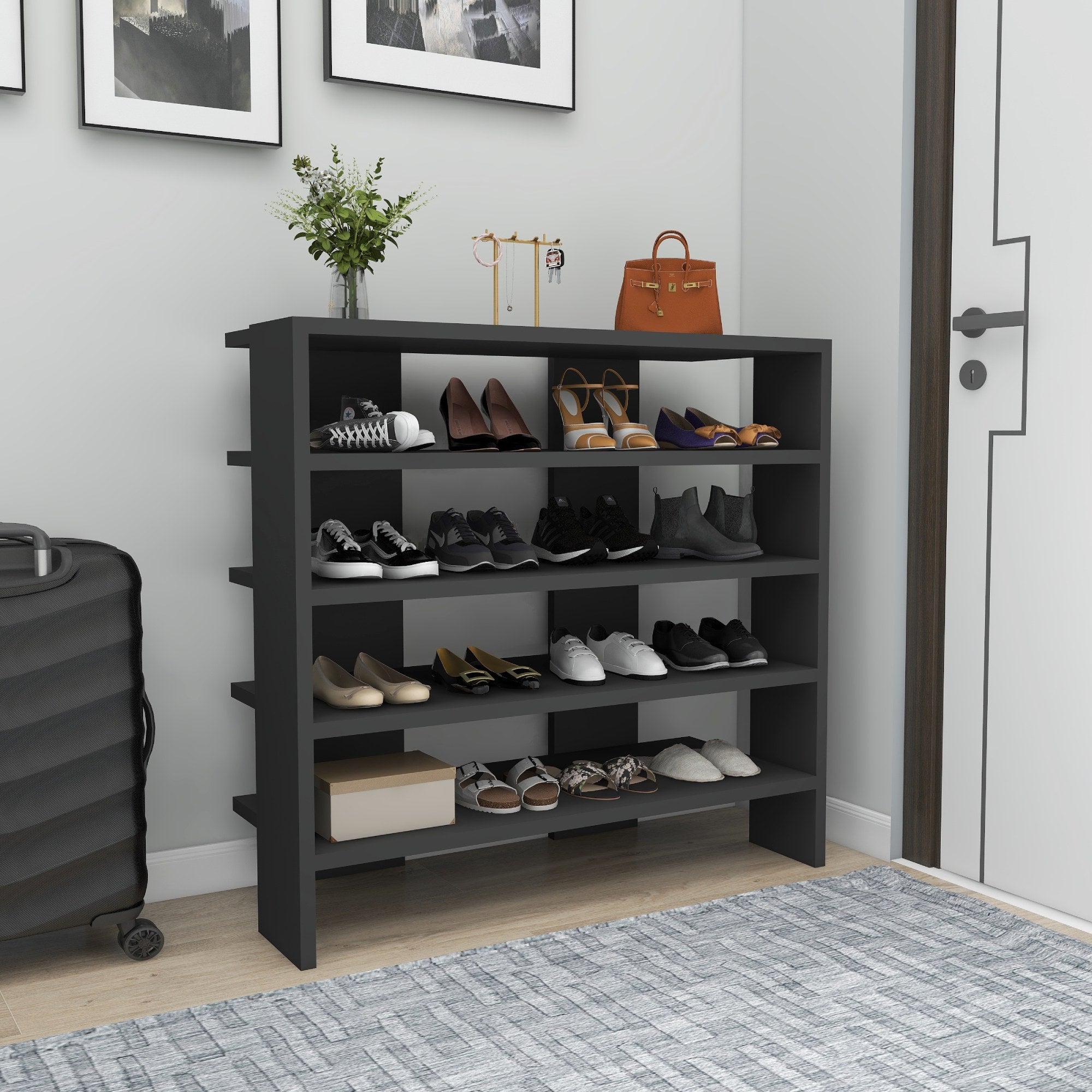 Sapateira estilosa, antracite, 72 cm A x 75,6 cm L x 31,4 cm P | Painel de partículas 100% revestido de melamina, 18 mm de espessura | Perfeito para entradas modernas