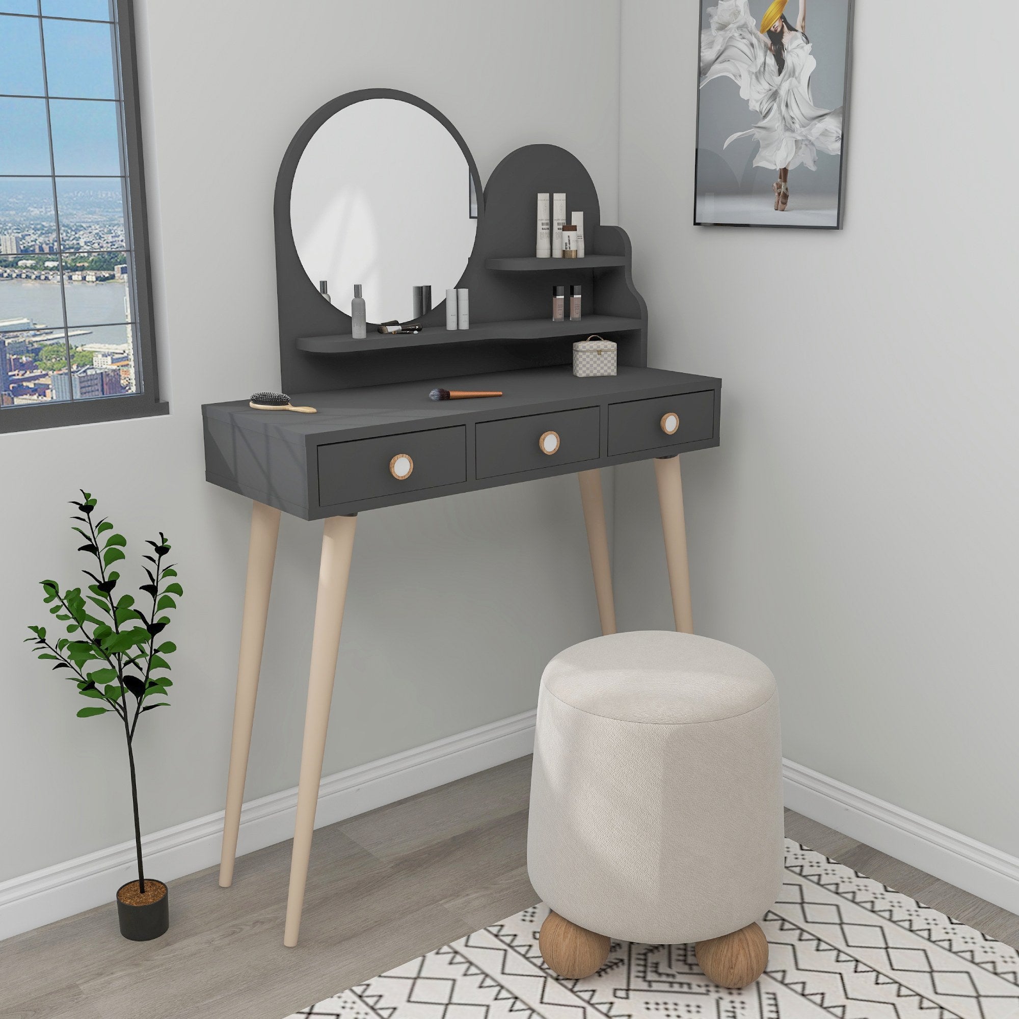 Toucador – 130.8cm x 74cm x 35cm – Antracite – Madeira de Faia