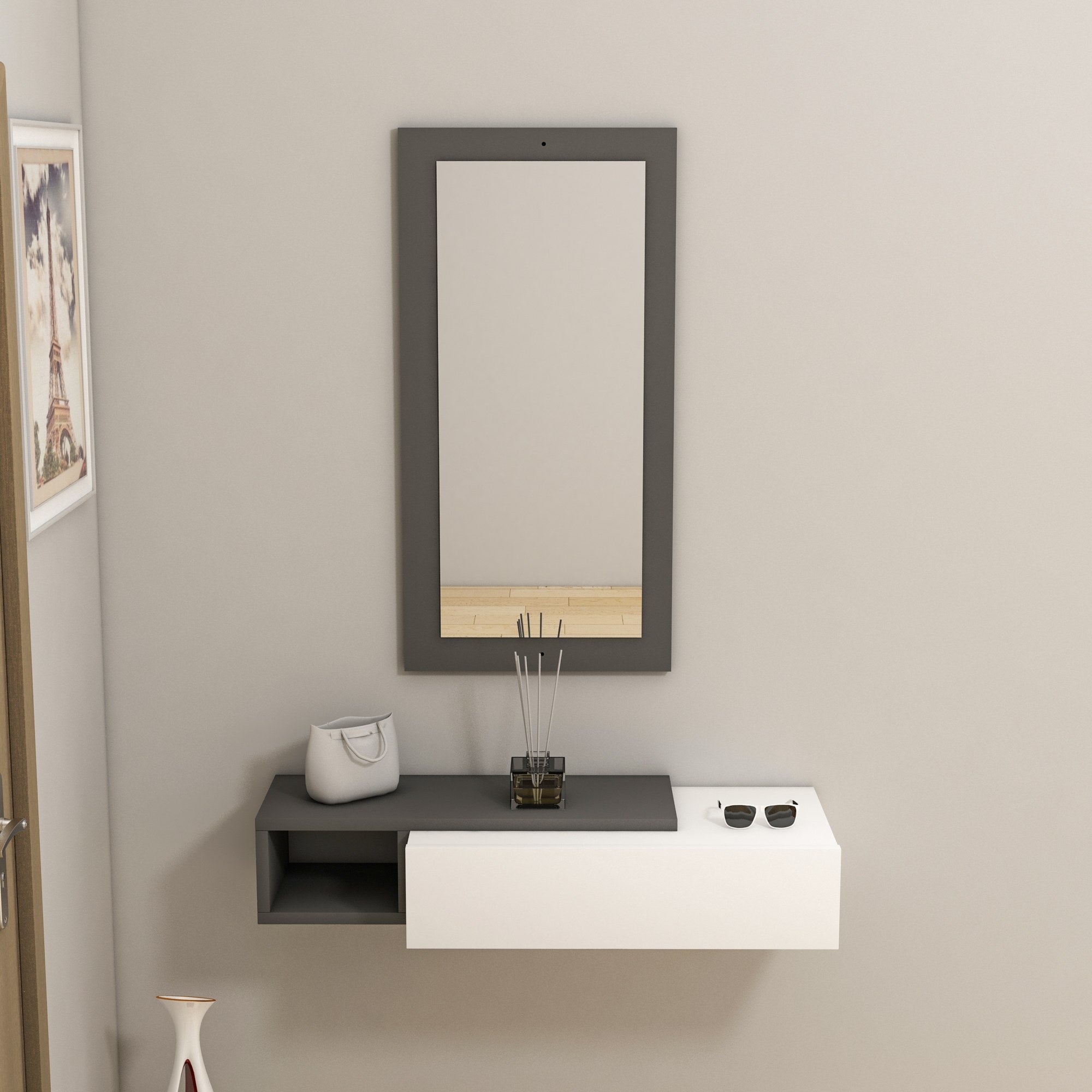 Aparador elegante com espelho, antracite e branco, 82 x 15,8 x 29,6 cm | 100% revestido em melamina, 18 mm de espessura | Montável na parede, com várias prateleiras