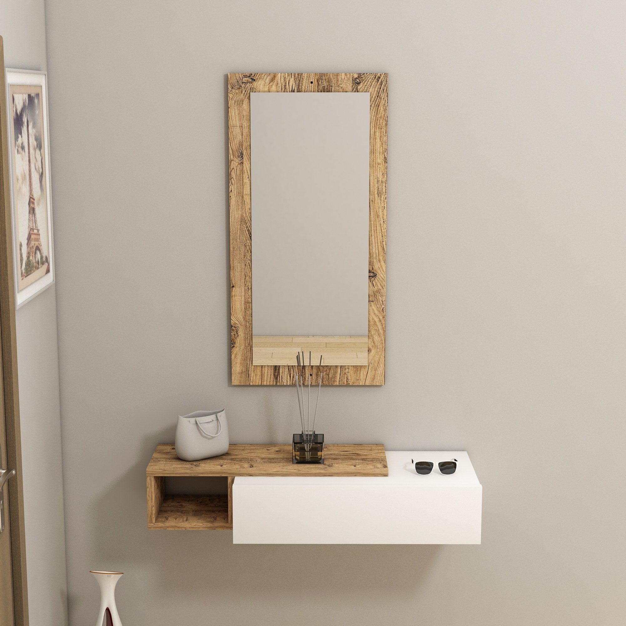 Aparador elegante com espelho, pinho atlântico e branco, 82 x 15,8 x 29,6 cm | 100% revestido em melamina, 18 mm de espessura | Montável na parede, com várias prateleiras