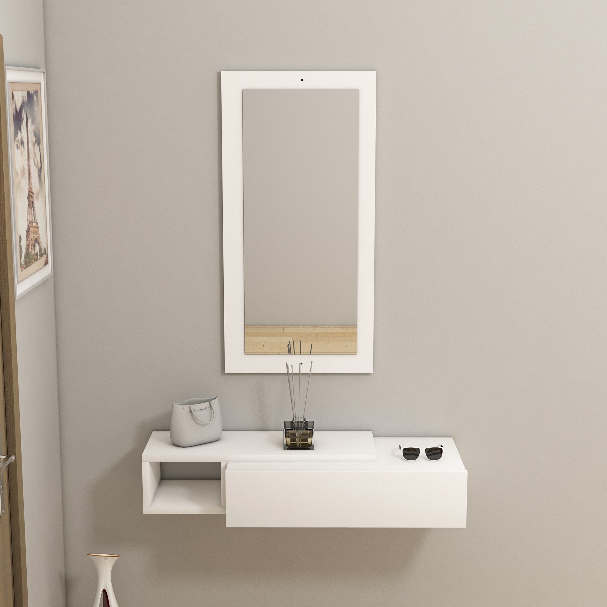 Aparador elegante branco com espelho, 82 cm | Painel de partículas 100% revestido em melamina, 18 mm de espessura | Montável na parede, com várias prateleiras para espaços modernos