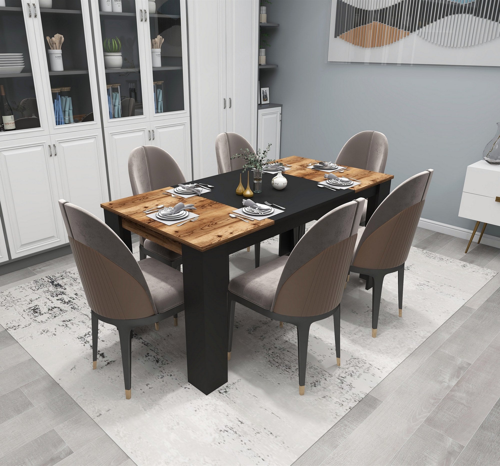 Mesa de Jantar Elegante, Nogueira Clara e Preto, 160 x 80 x 76,8 cm | Painel de Partículas 100% Revestido em Melamina, 18 mm de Espessura | Perfeita para Salas de Jantar Modernas