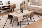 Mesa de Centro Elegante – 90 x 53,6 x 38 cm – Nogueira e Bege – Painel de Partículas e Metal