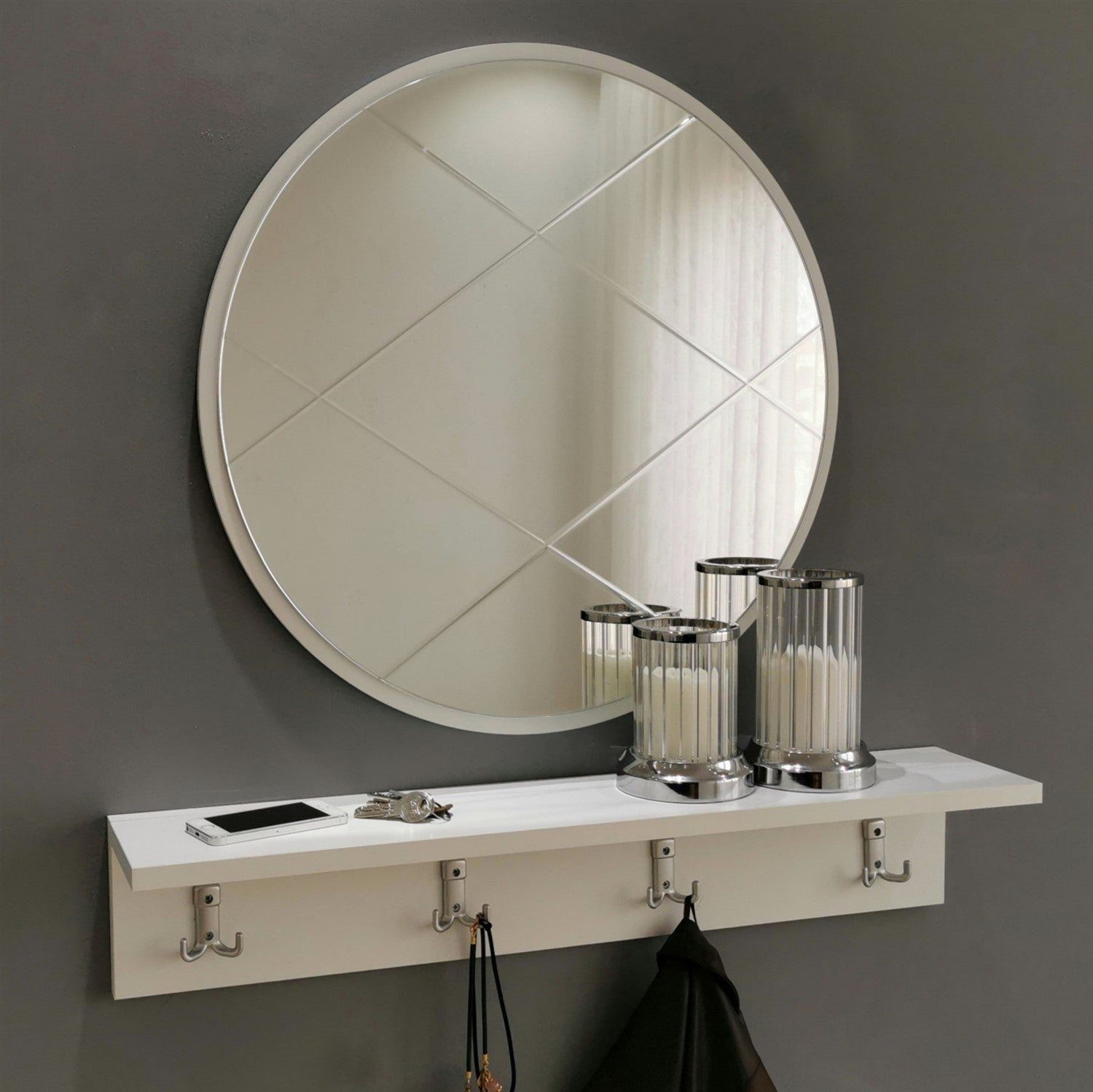 Suporte de hall moderno com espelho e prateleira de parede, branco, 80 x 15 x 15 cm | 100% MDF, montado, suporte multiuso para entrada elegante