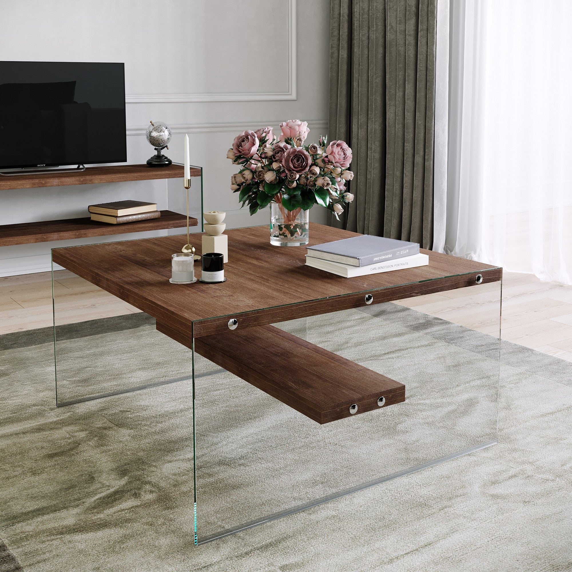 Mesa de Centro Moderna, Cor Nogueira, 75 x 40 x 75 cm | 100% Madeira Maciça de Pinho e Estrutura de Vidro Temperado | Elegante e Durável para Casas Rústicas e Tradicionais