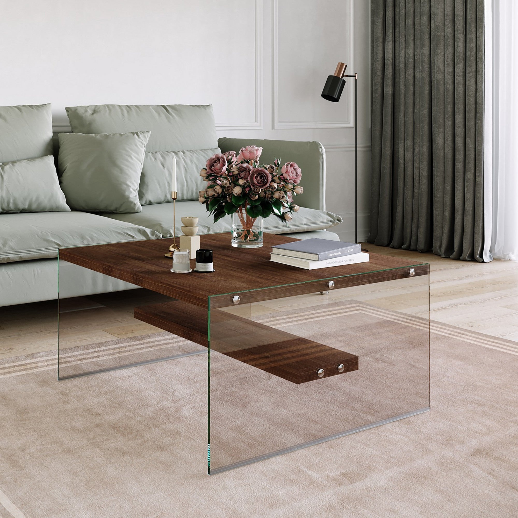 Mesa de Centro Moderna, Cor Nogueira, 75 x 40 x 75 cm | 100% Madeira Maciça de Pinho e Estrutura de Vidro Temperado | Elegante e Durável para Casas Rústicas e Tradicionais