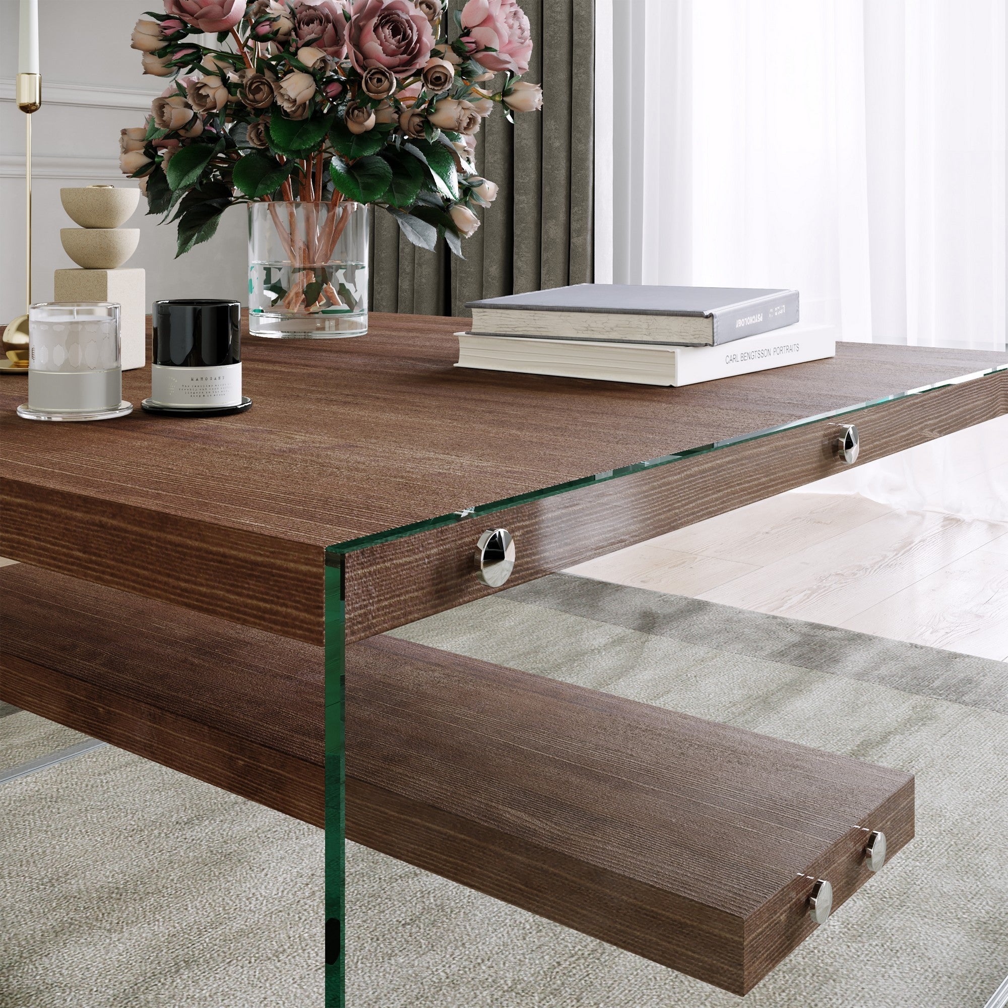 Mesa de Centro Moderna, Cor Nogueira, 75 x 40 x 75 cm | 100% Madeira Maciça de Pinho e Estrutura de Vidro Temperado | Elegante e Durável para Casas Rústicas e Tradicionais