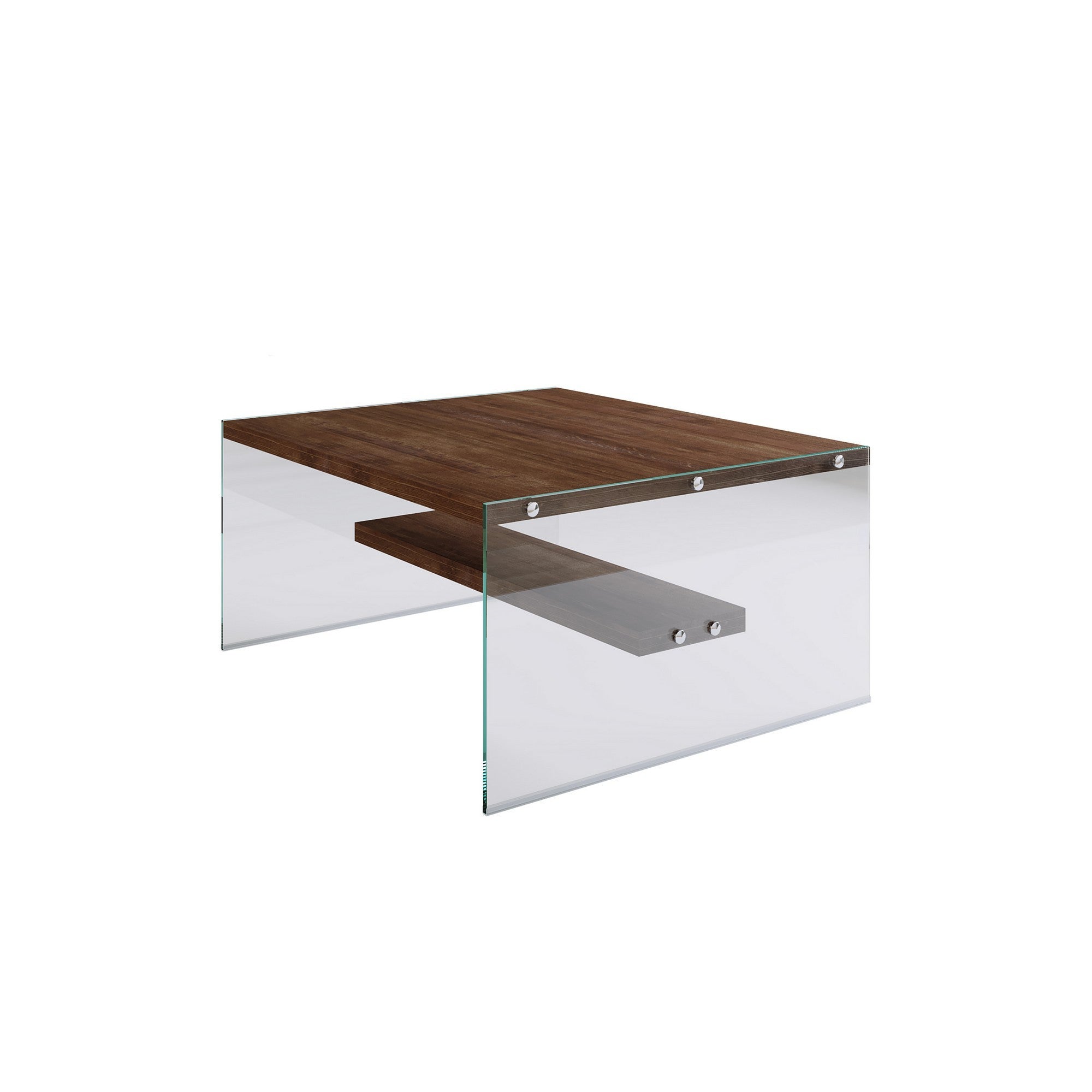 Mesa de Centro Moderna, Cor Nogueira, 75 x 40 x 75 cm | 100% Madeira Maciça de Pinho e Estrutura de Vidro Temperado | Elegante e Durável para Casas Rústicas e Tradicionais