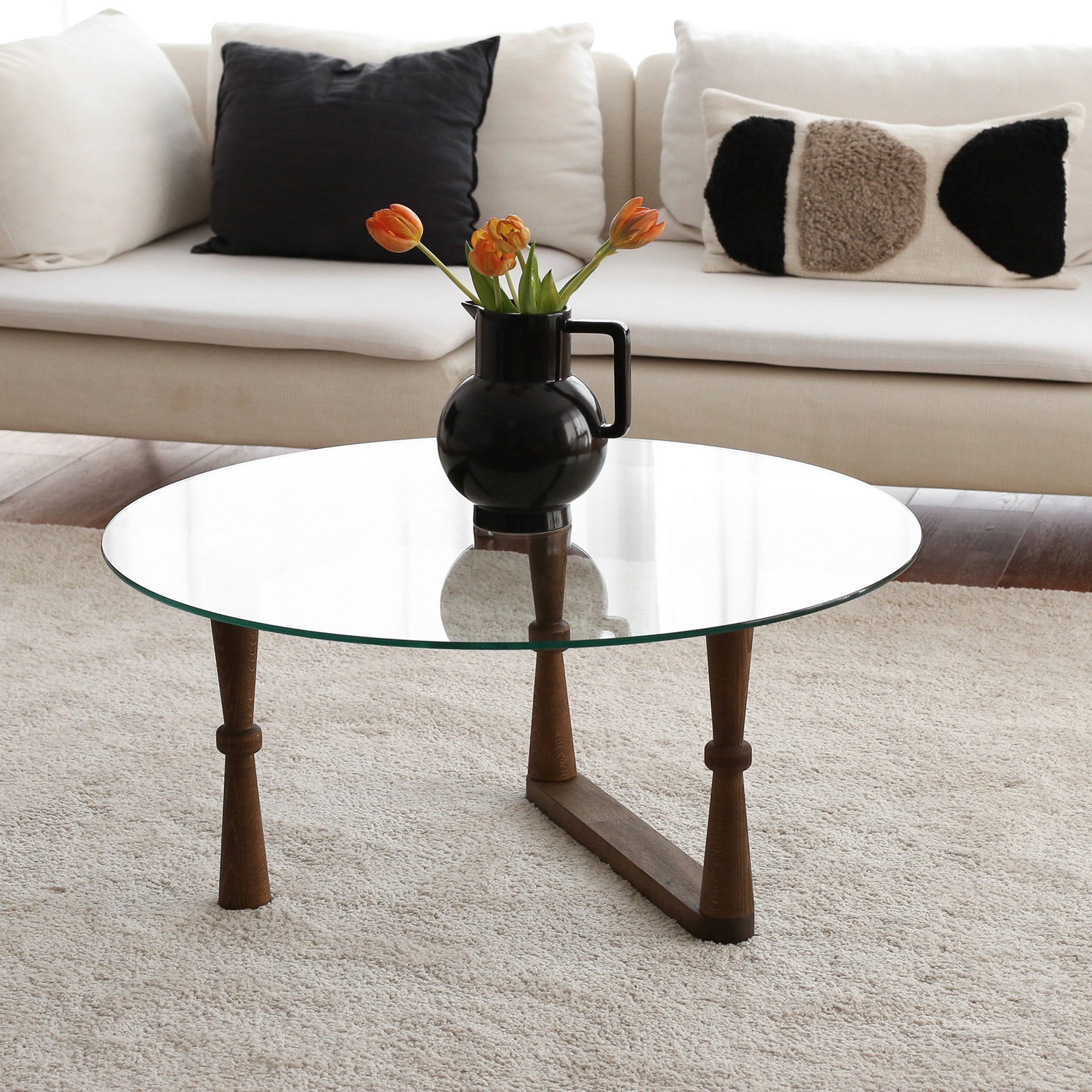 Mesa de Centro Elegante, Acabamento em Nogueira, 80 x 41 x 80 cm | 100% Madeira de Faia e Vidro Temperado | Design Rústico Moderno para Salas de Estar e Salas de Jantar