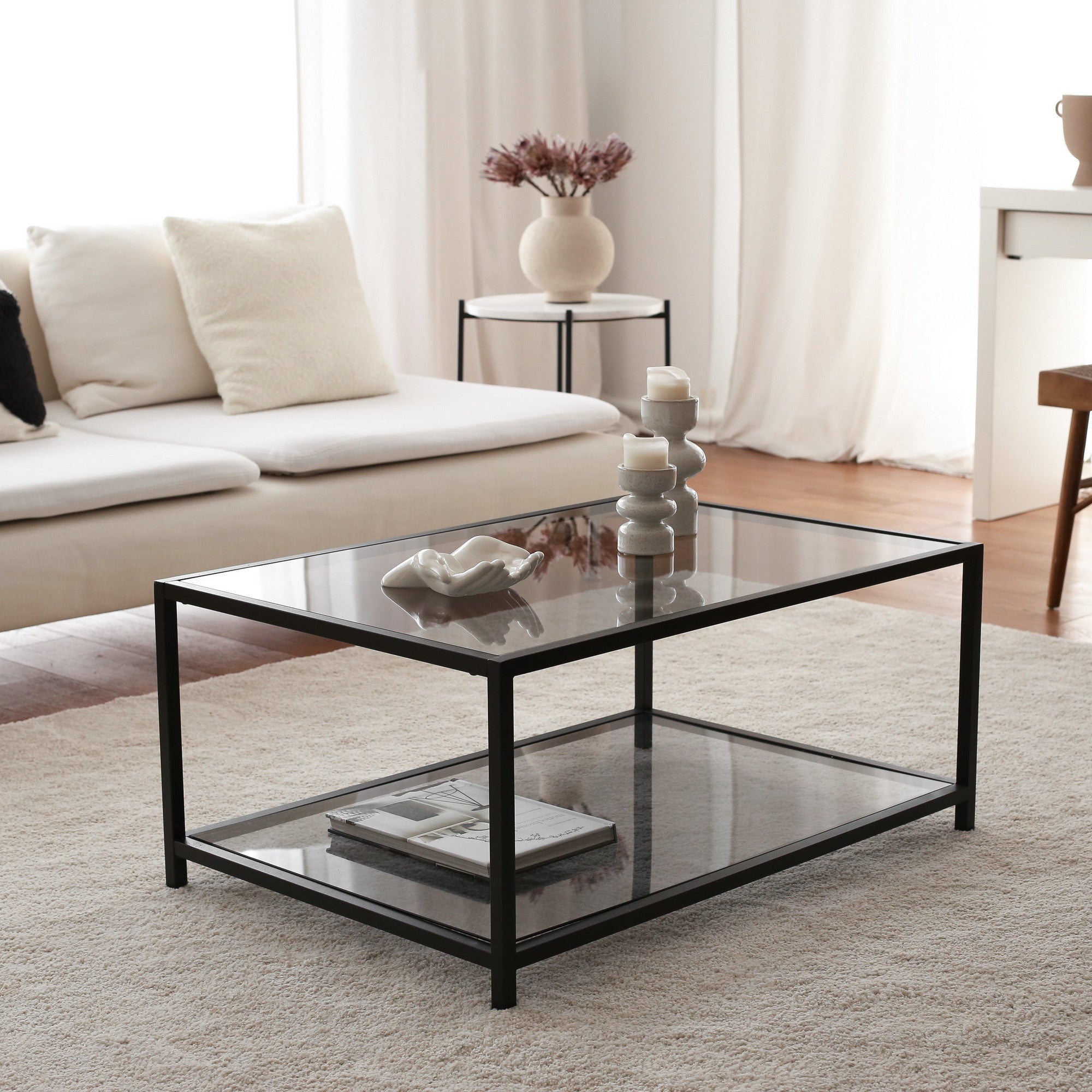 Mesa de Centro Moderna, Fumê e Preto, 90 x 60 x 40 cm | Vidro 100% Temperado (4 mm) e Estrutura de Metal | Design Industrial Elegante para Casa e Escritório