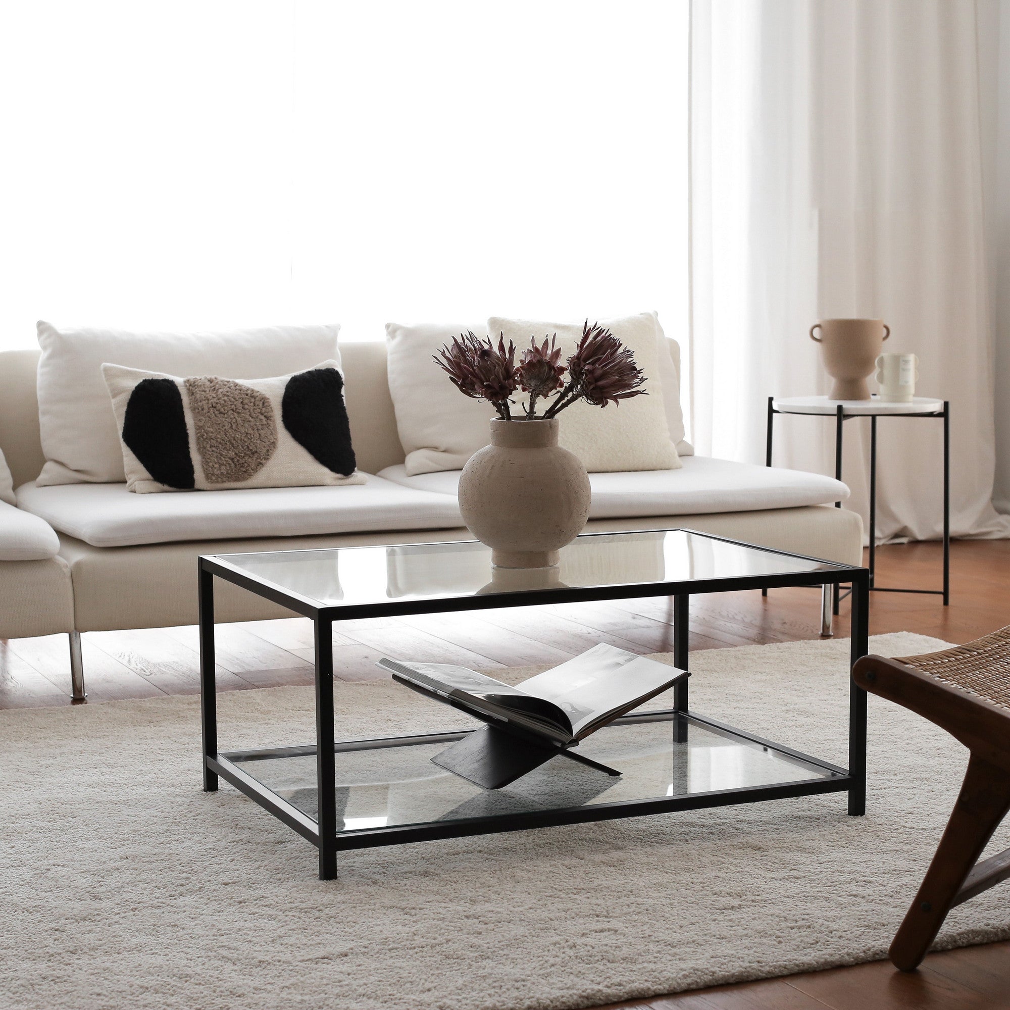 Mesa de Centro Moderna, Fumê e Preto, 90 x 60 x 40 cm | 100% Vidro Temperado (4 mm) e Estrutura 100% Metal | Design Industrial Elegante para Casa e Escritório