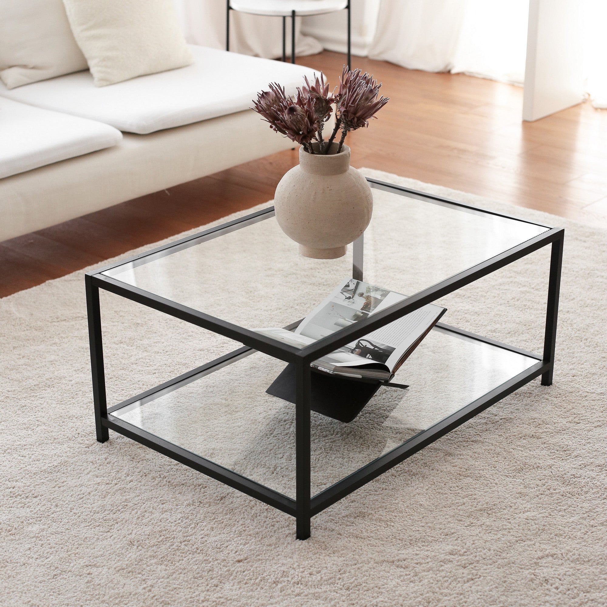 Mesa de Centro Moderna, Fumê e Preto, 90 x 60 x 40 cm | 100% Vidro Temperado (4 mm) e Estrutura 100% Metal | Design Industrial Elegante para Casa e Escritório